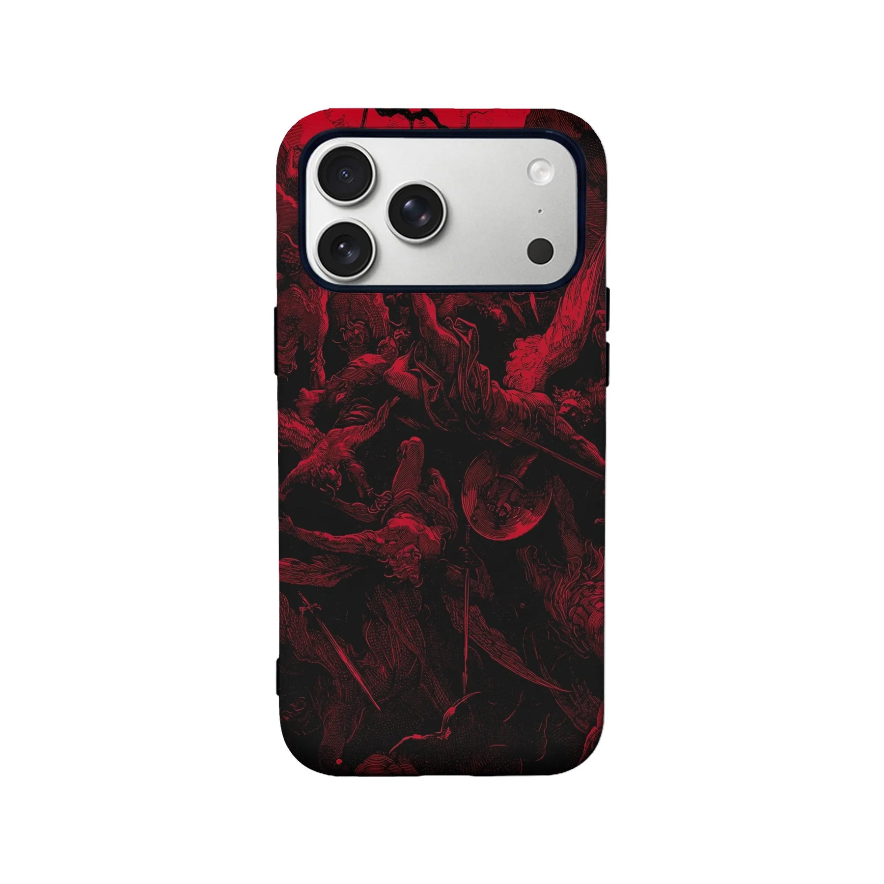 Black and red gothic illustrated phone case, rear view with triple camera cutout