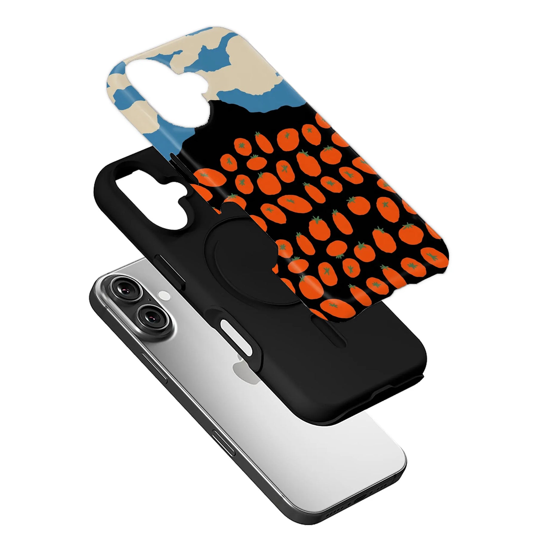 Angled exploded black phone case with orange tomato pattern and blue cream top