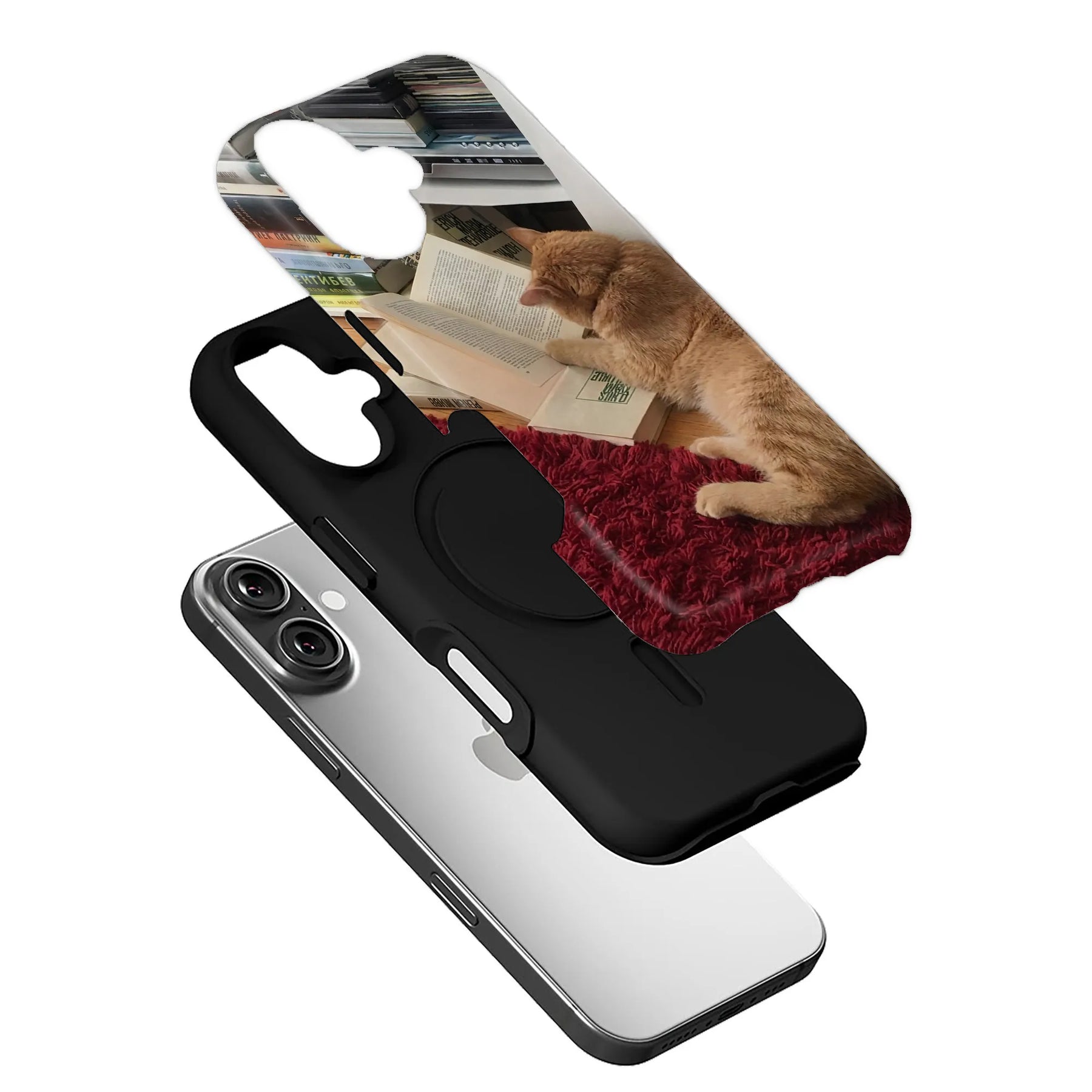 Black phone case with cat reading book print shown in angled exploded product view