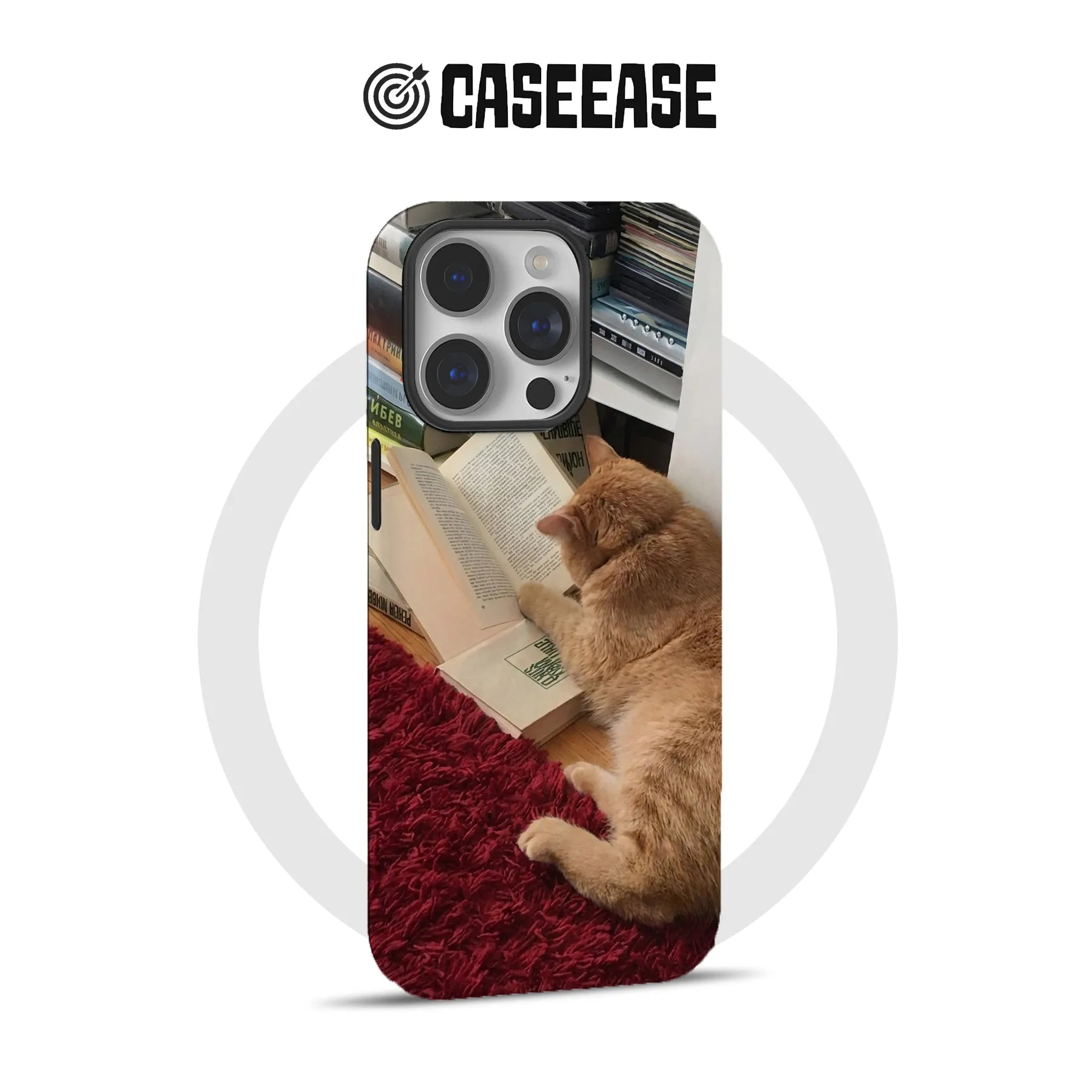 Black-edged phone case with orange cat reading book design, front product view