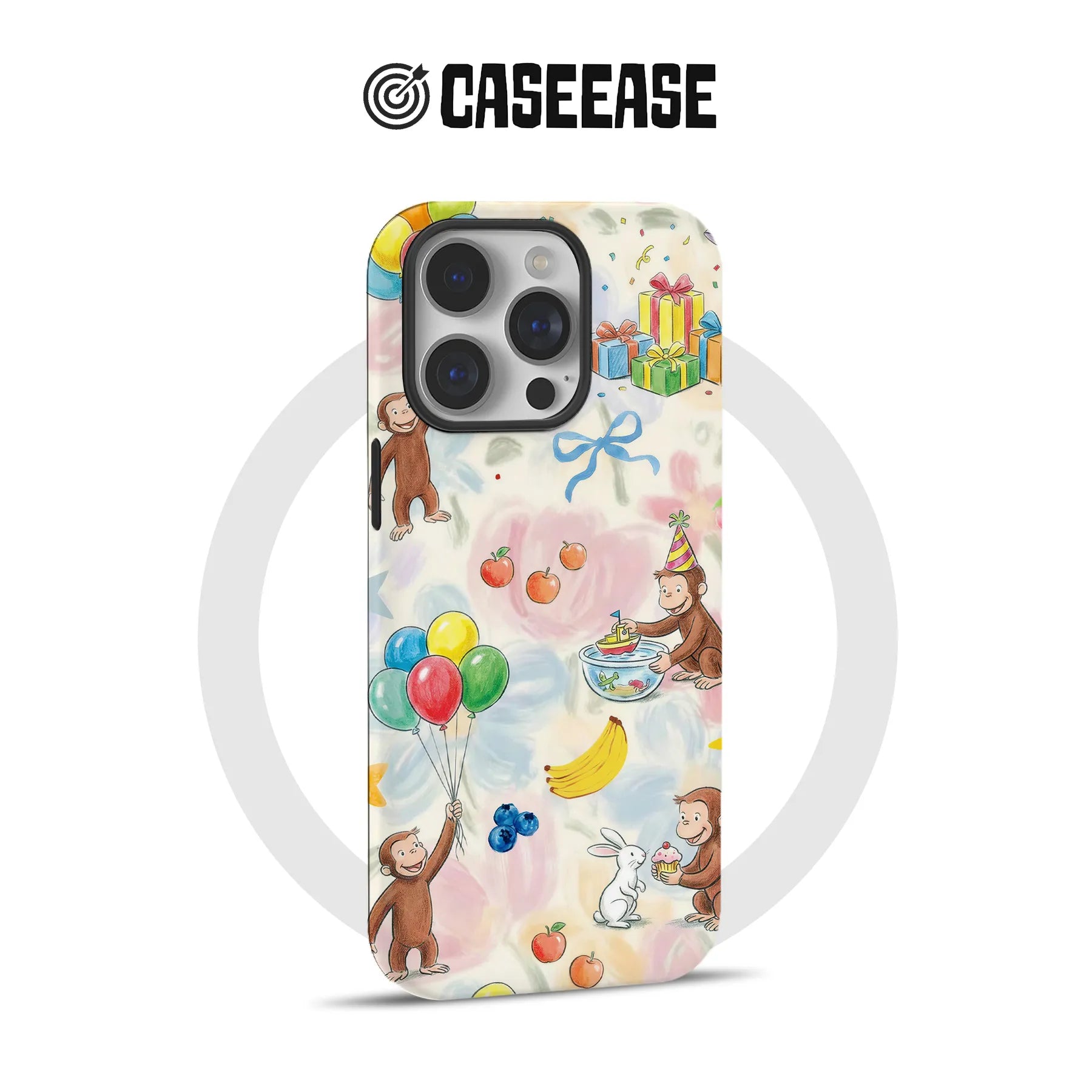 Pastel cartoon monkey phone case shown from rear with colorful balloons and gifts