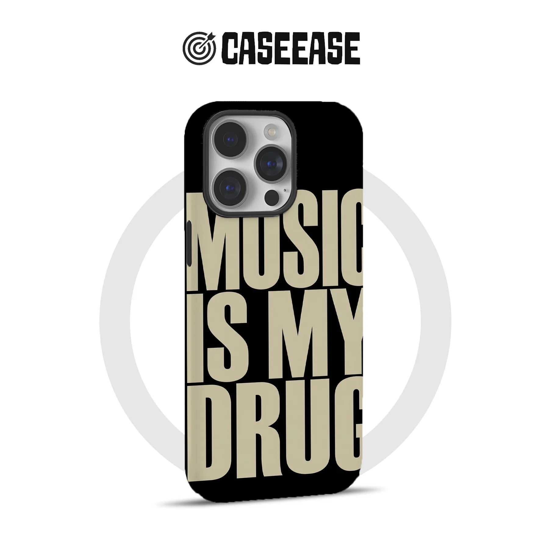 Black phone case with beige music quote design, rear angle for Shopify product page
