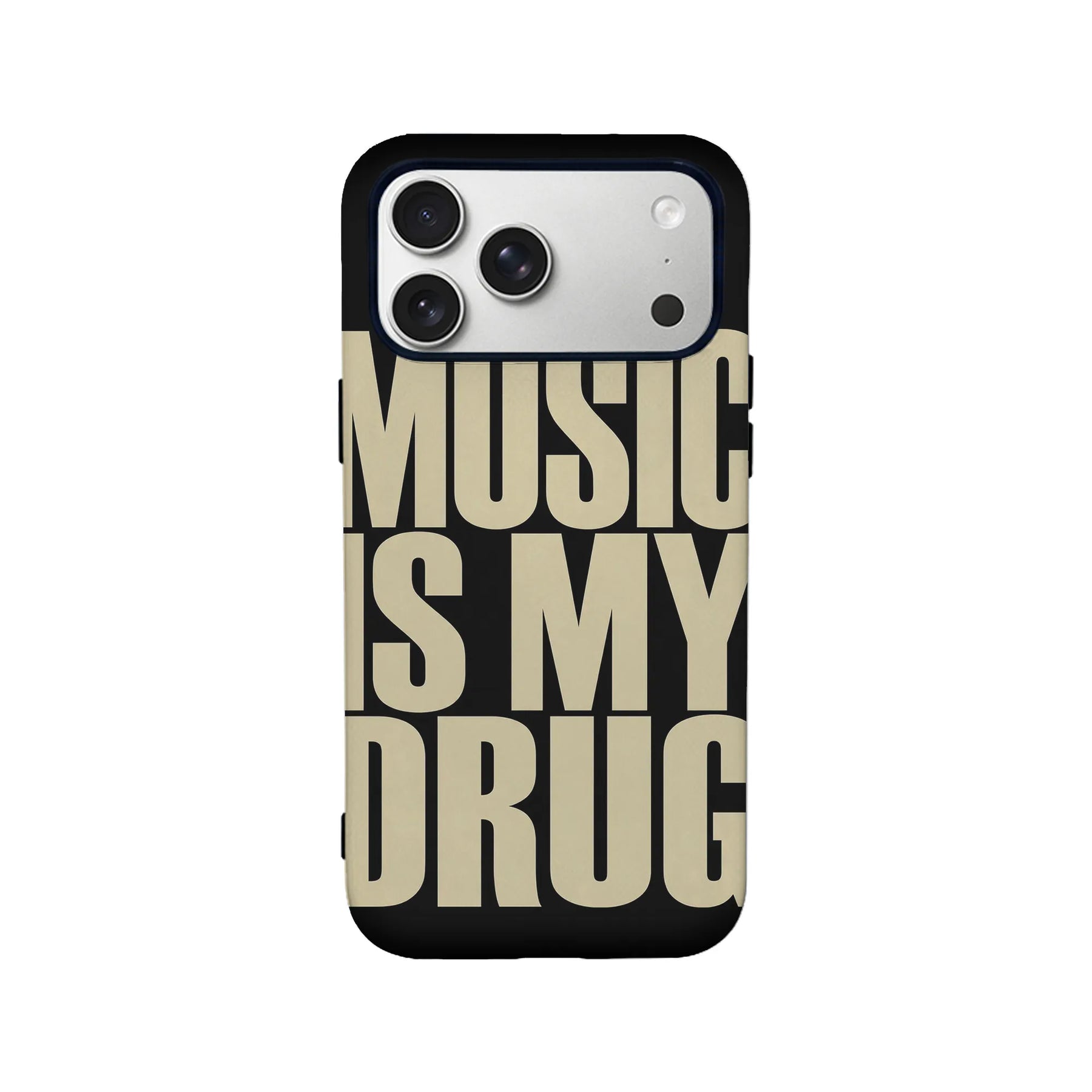 Black phone case with beige music typography, rear view on smartphone product page