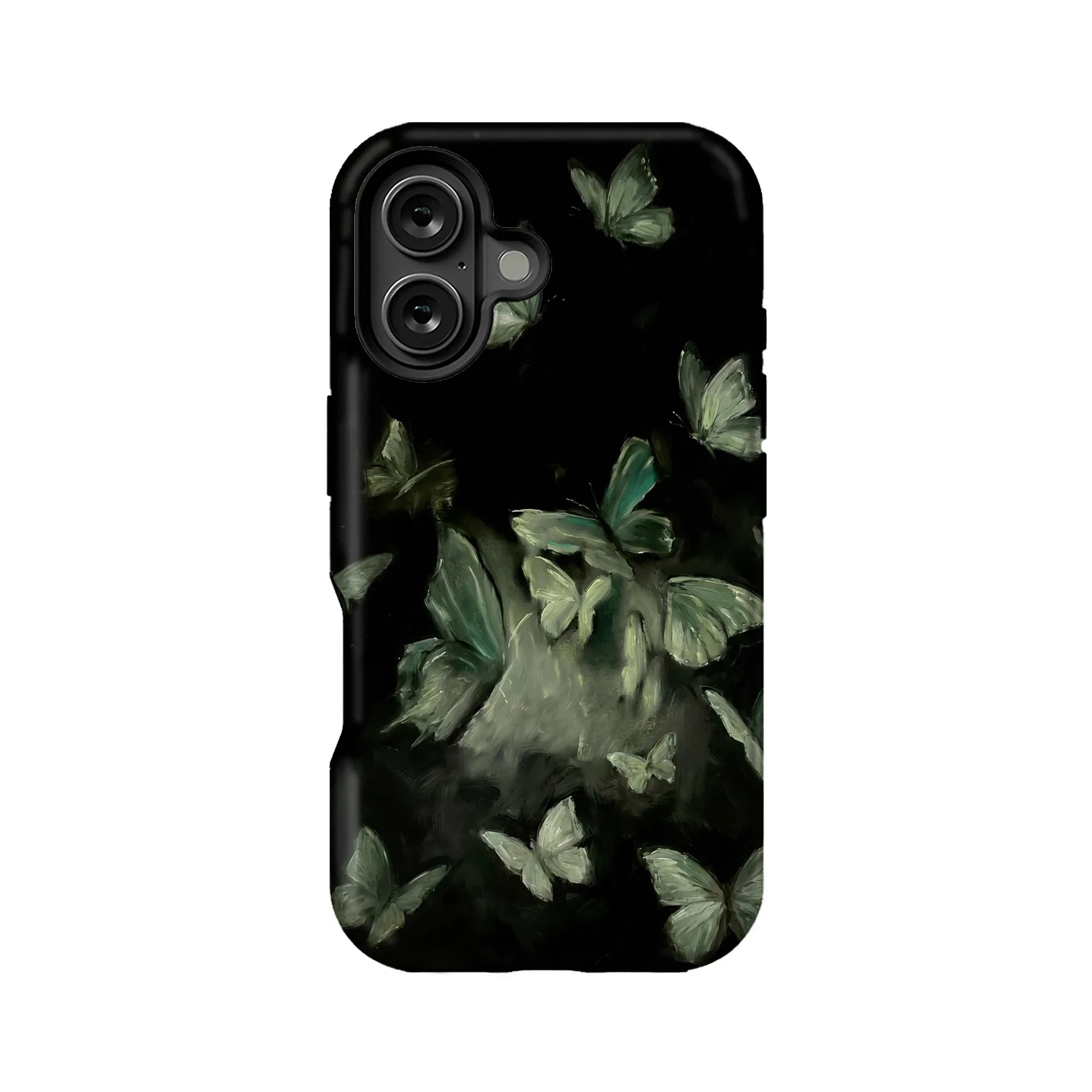 Black phone case with green butterfly artwork, rear angle for smartphone accessory listing
