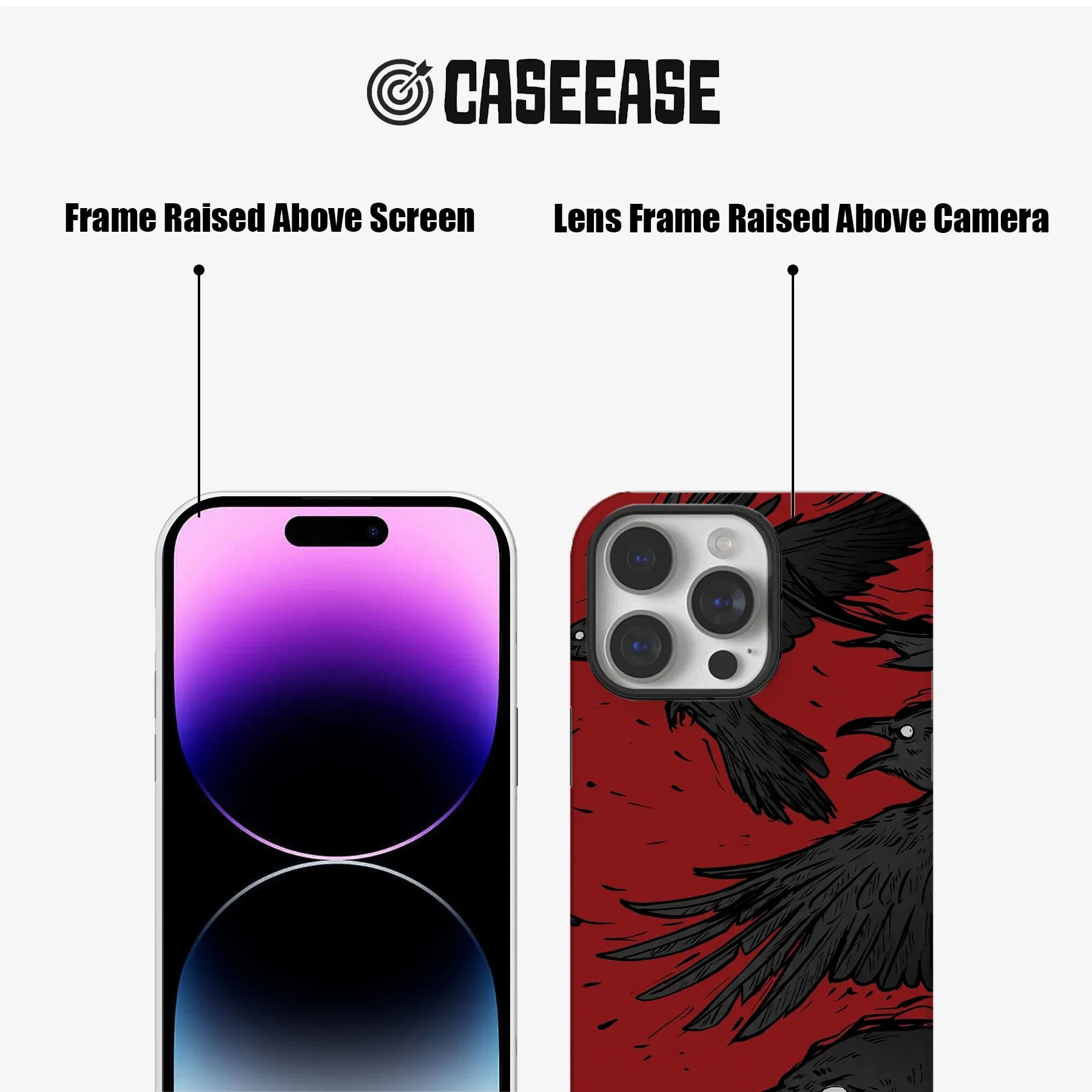 Red and black raven phone case front and rear views with raised camera frame