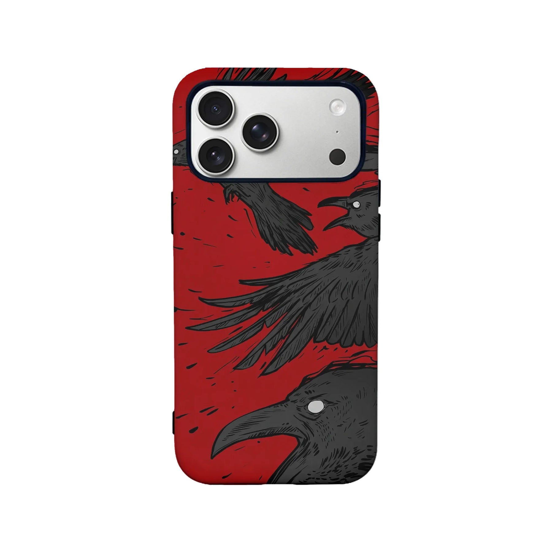 Red phone case with black raven illustration, rear angle for smartphone accessory