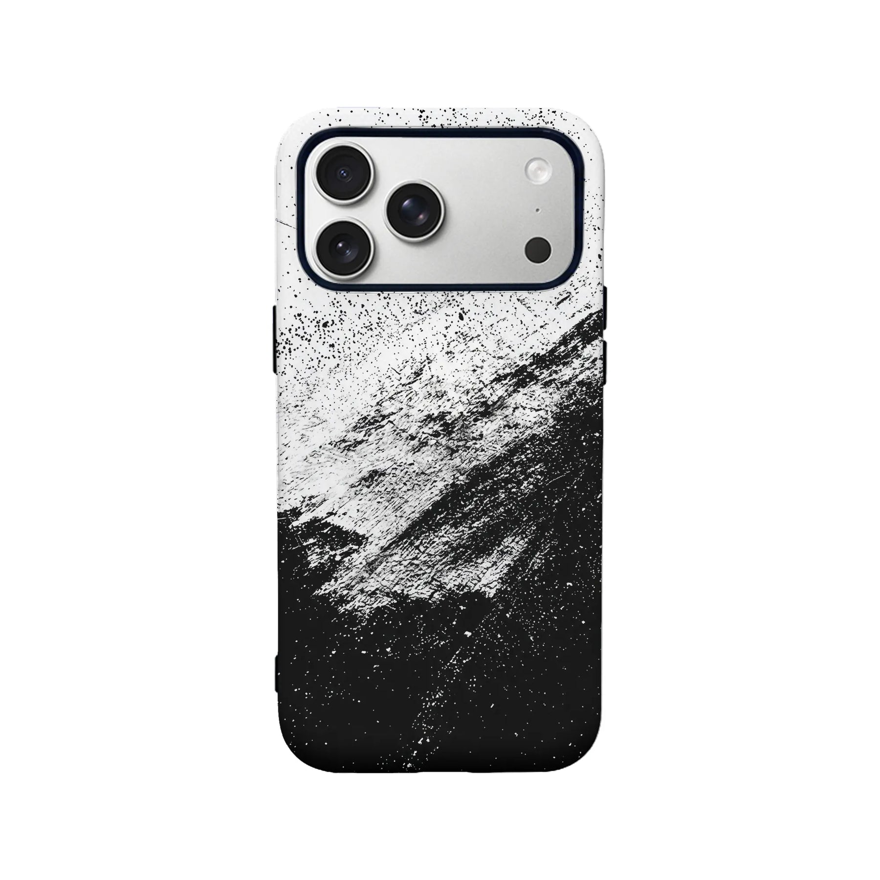 Black and white splatter plastic phone case shown from rear on smartphone