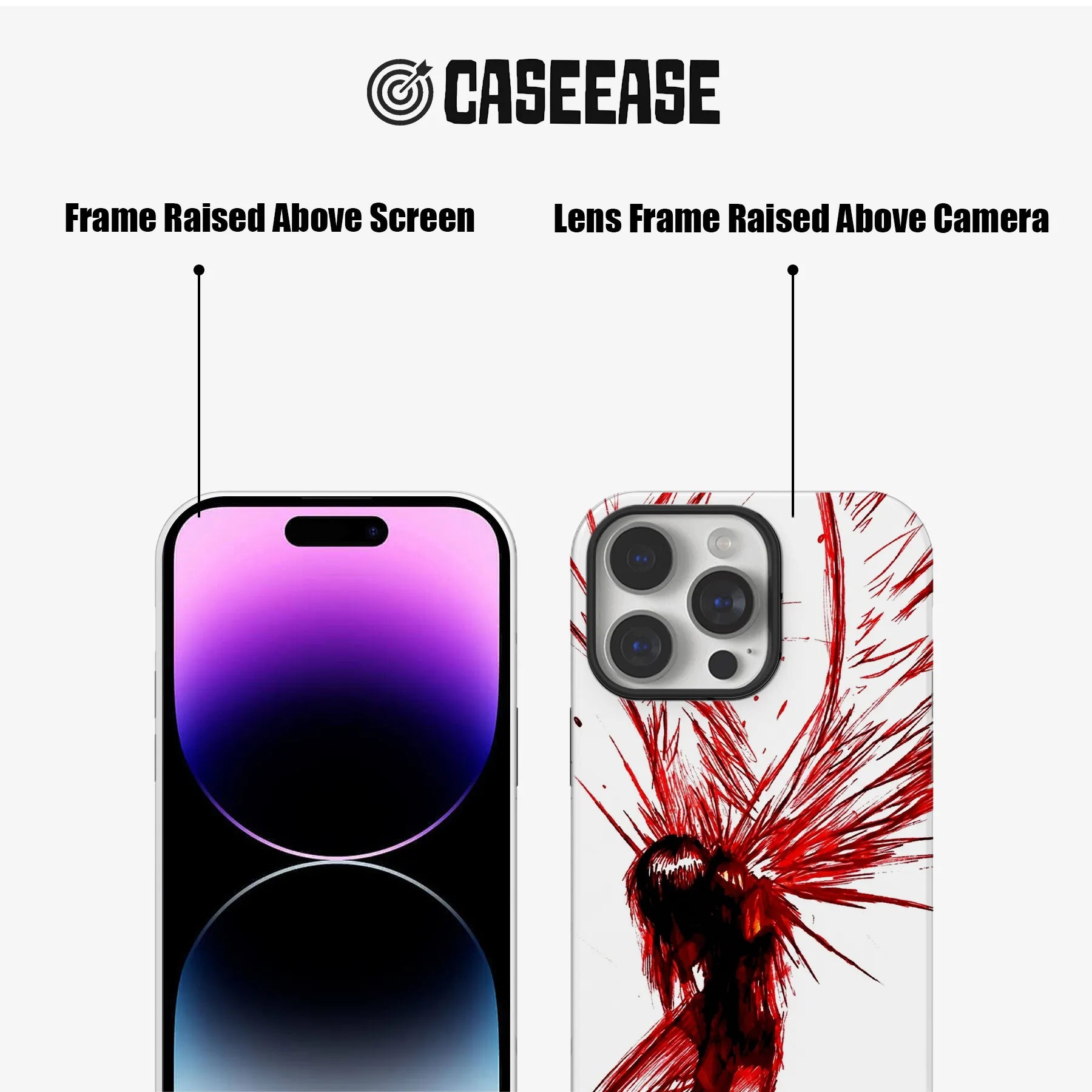 White red graphic phone case front and rear angles with raised screen and camera frames