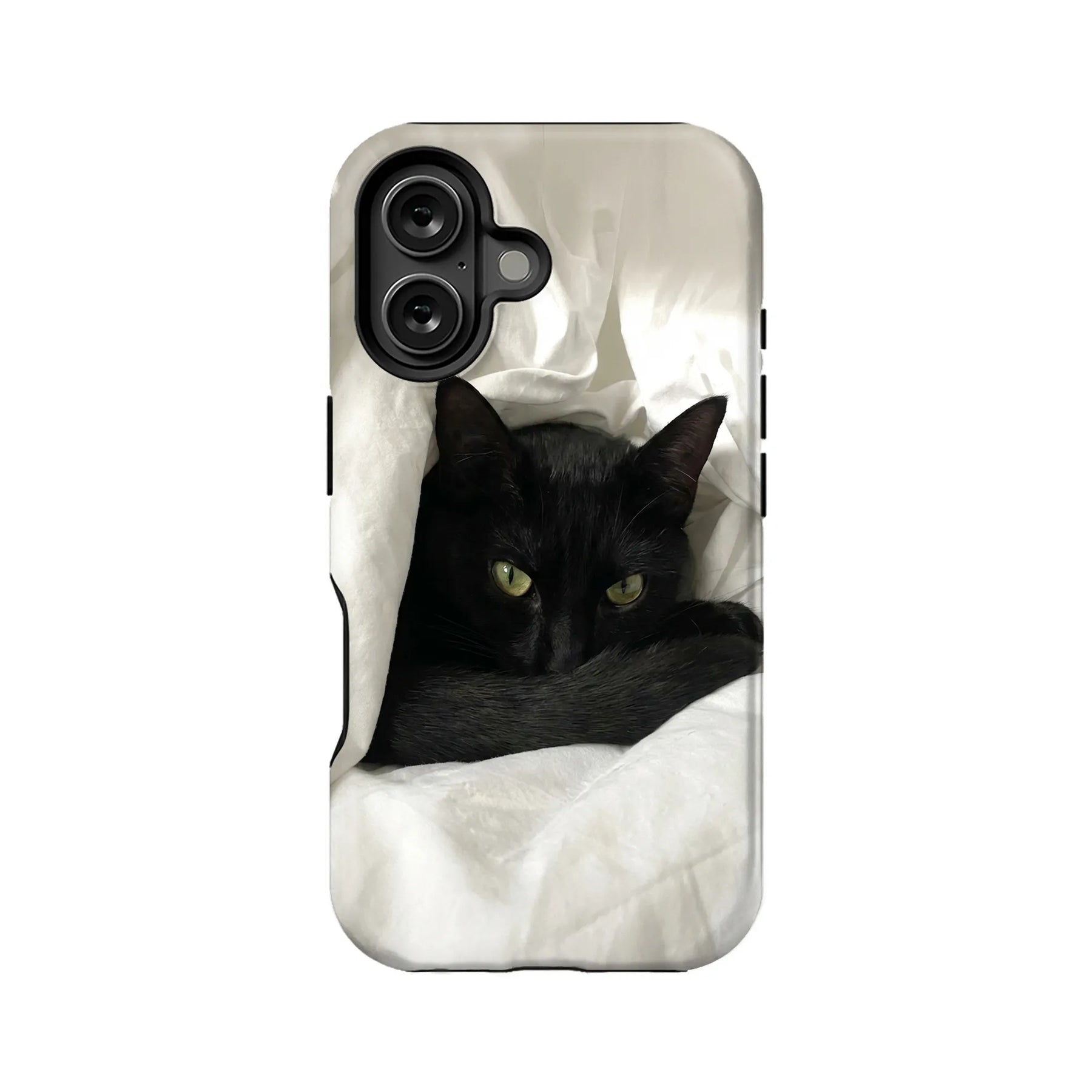 White phone case with black cat design, rear angle with dual camera cutout