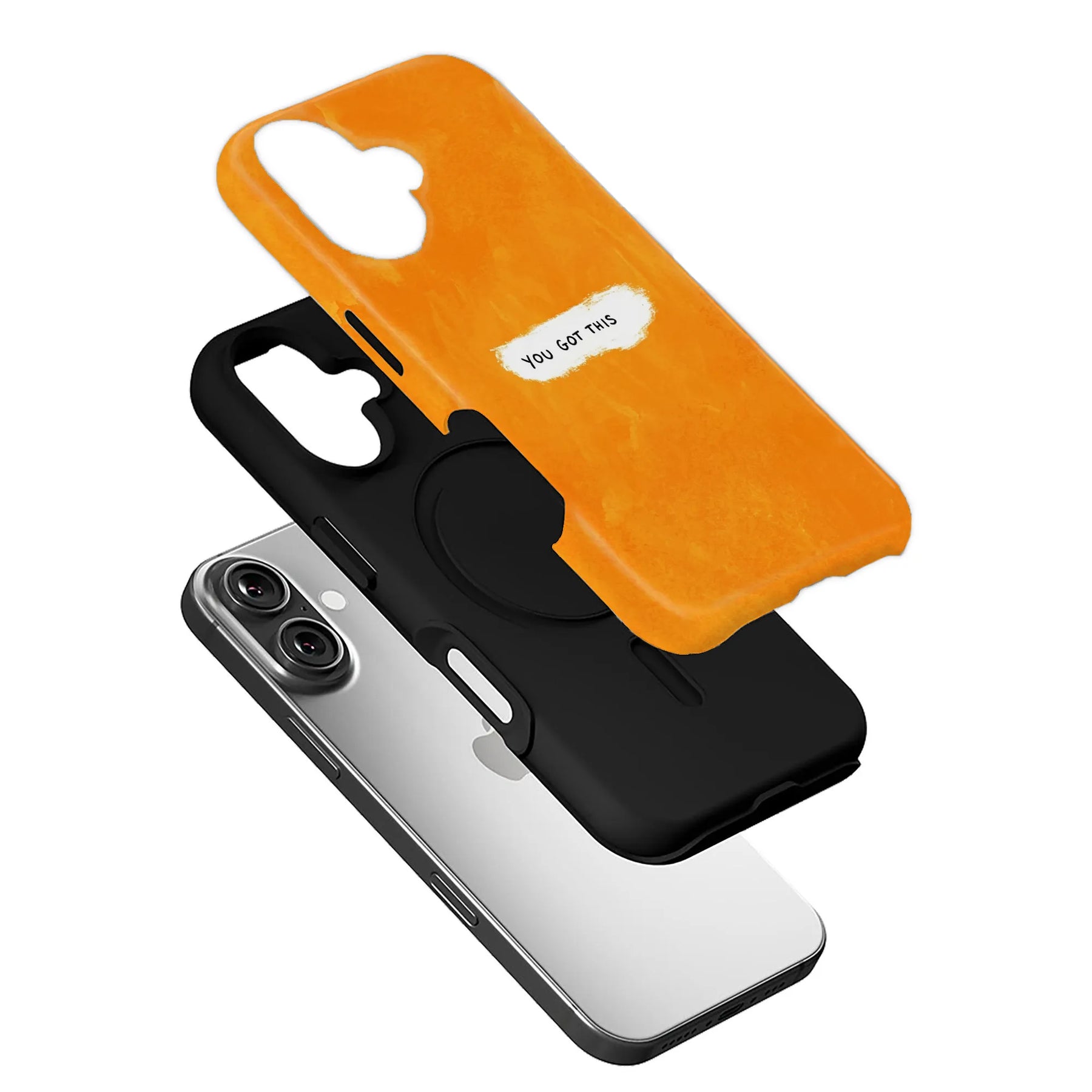 Orange and black layered phone case with text, exploded angled product view