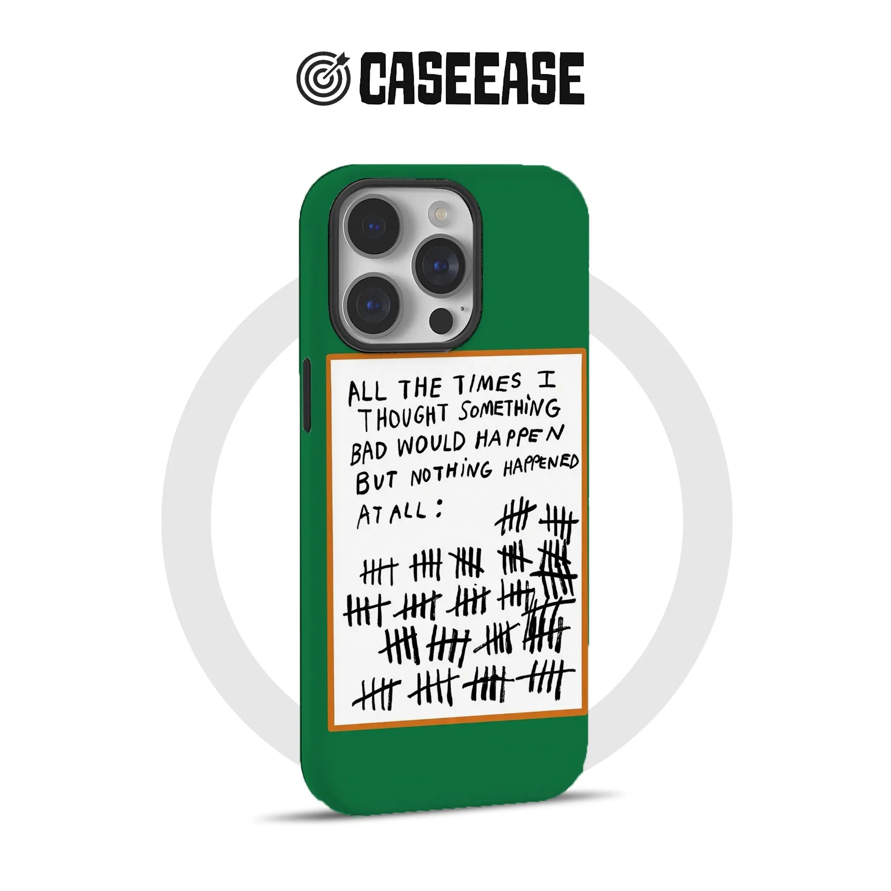Green CASEEASE phone case with handwritten tally design, rear angled product display