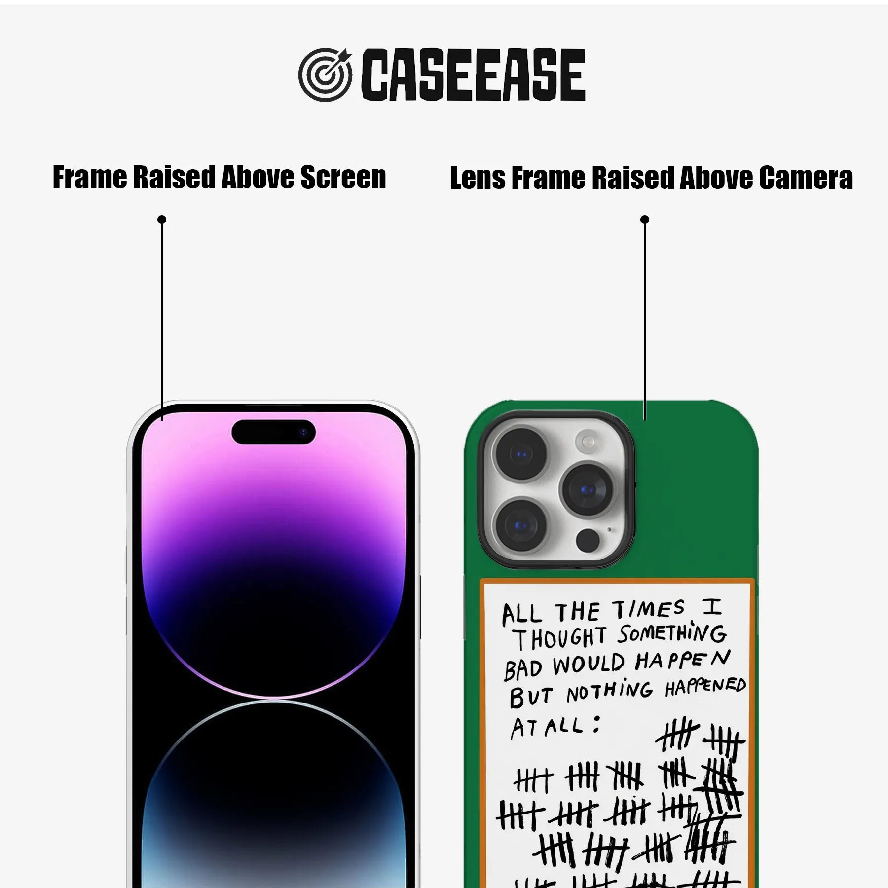 Green CASEEASE phone case, front and rear views, with raised screen and camera frames