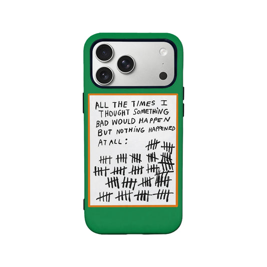 Green phone case with white handwritten tally note design, rear product view