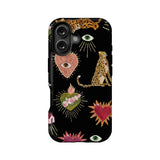 Black phone case with embroidered-style leopard, eye, and heart motifs, rear product view