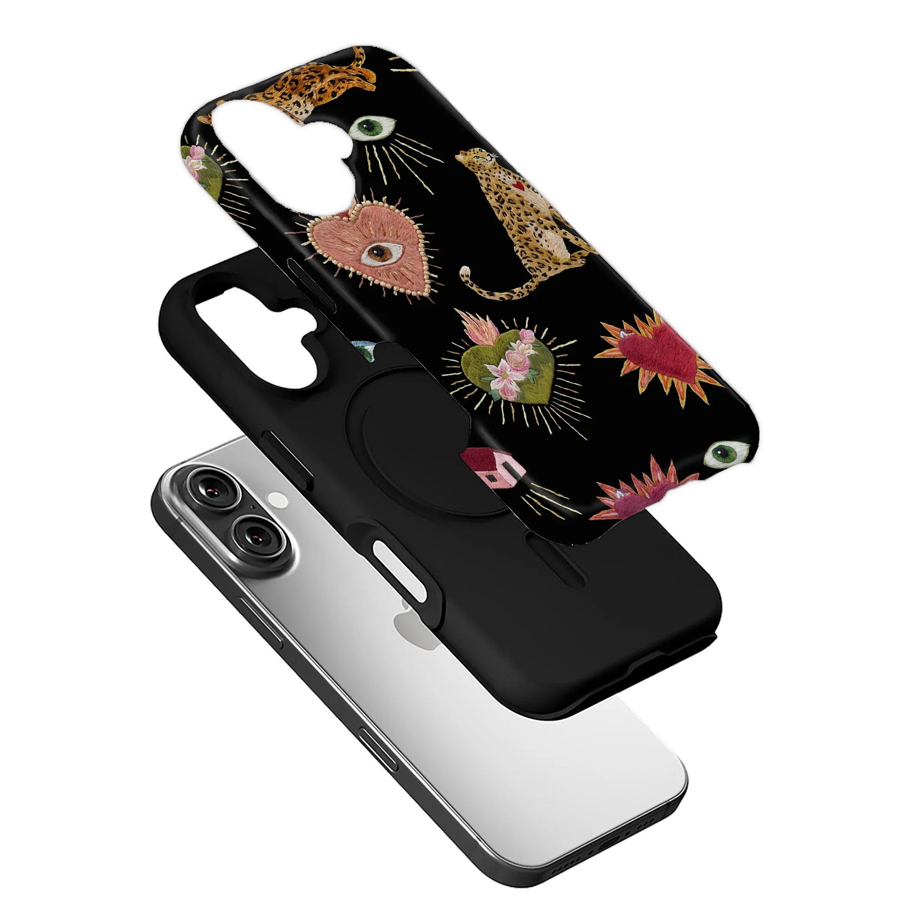 Black phone case with leopard, heart, and eye pattern shown angled over smartphone