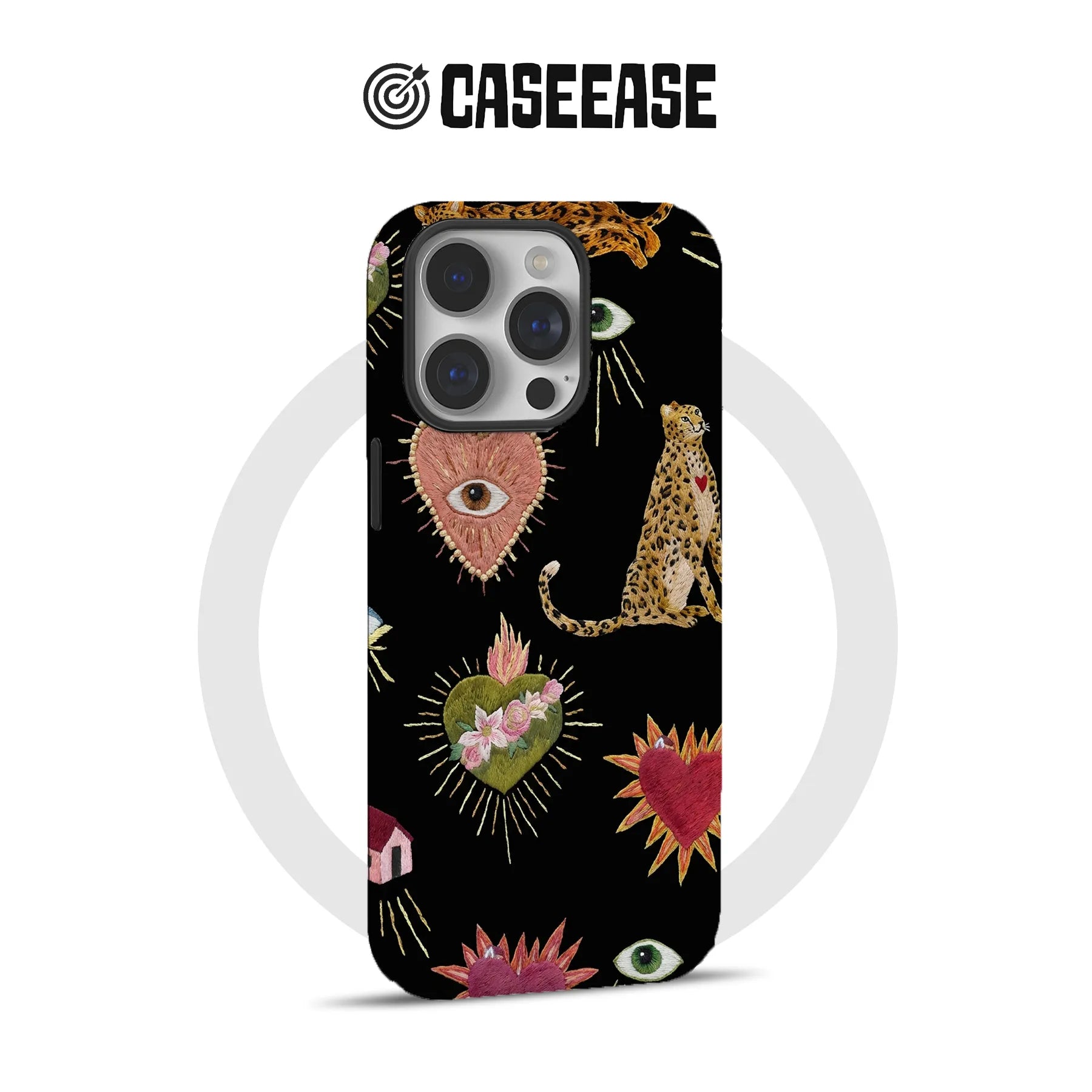 Black CASEEASE phone case with embroidered-style leopards and hearts, rear product view