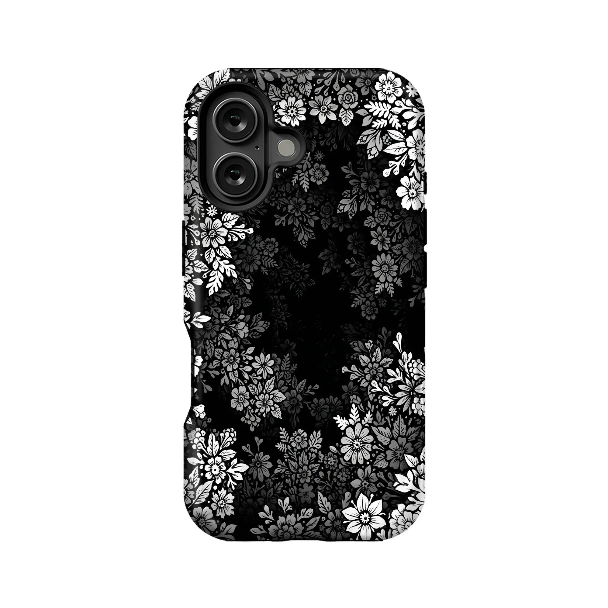 Black phone case with white floral pattern, rear camera cutout, product back view