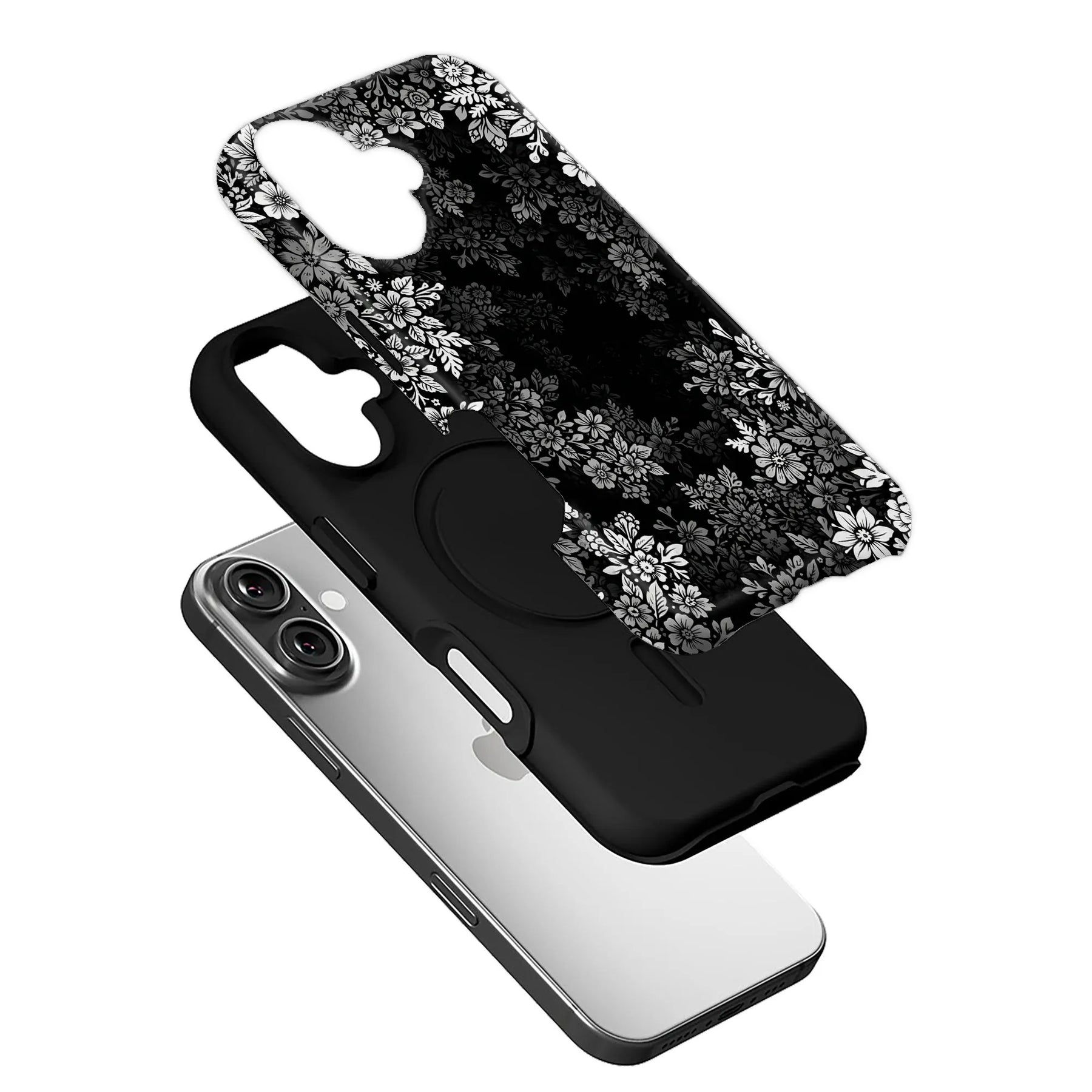 Black floral phone case with white pattern, angled exploded product display