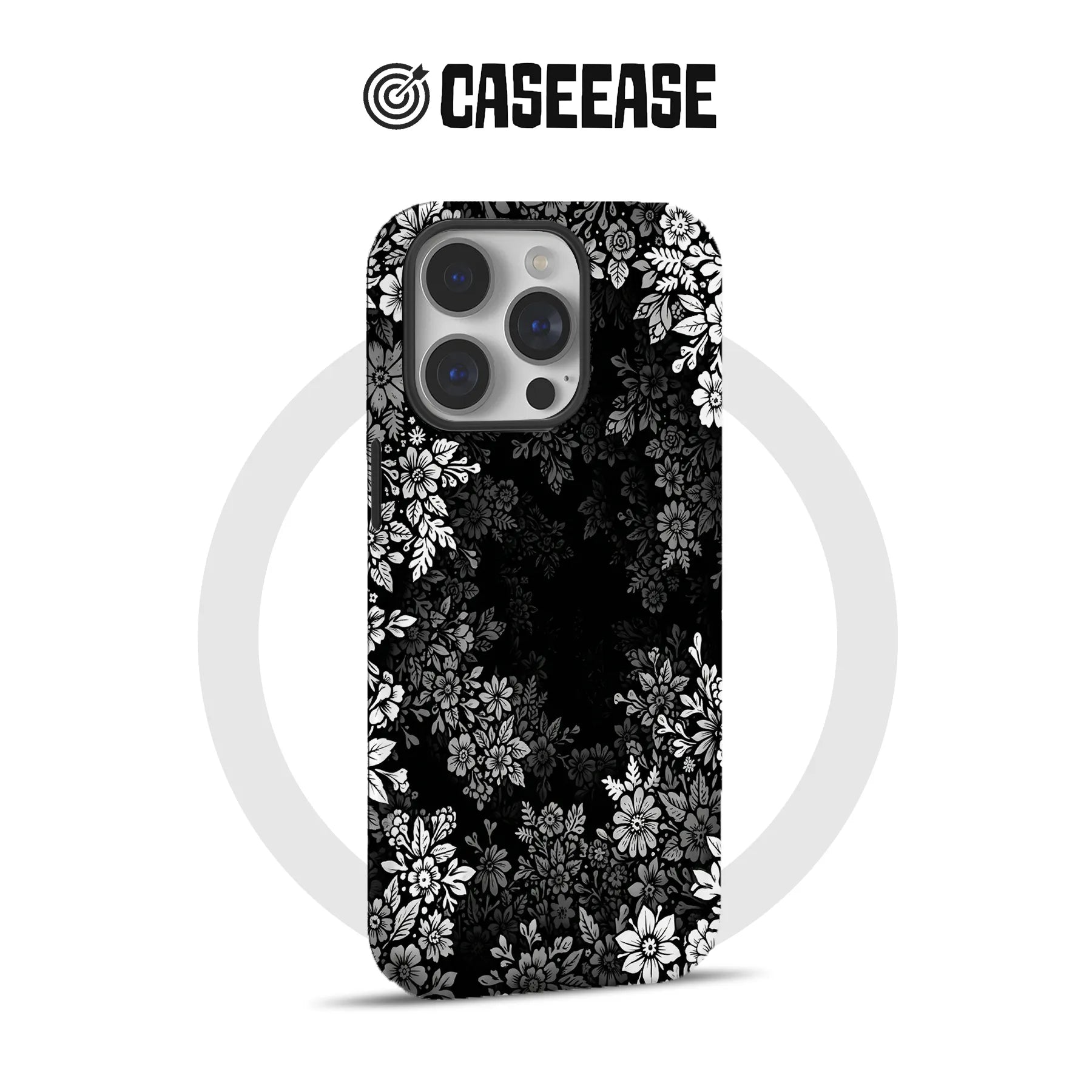 Black phone case with white floral pattern, rear angle for CASEEASE product page
