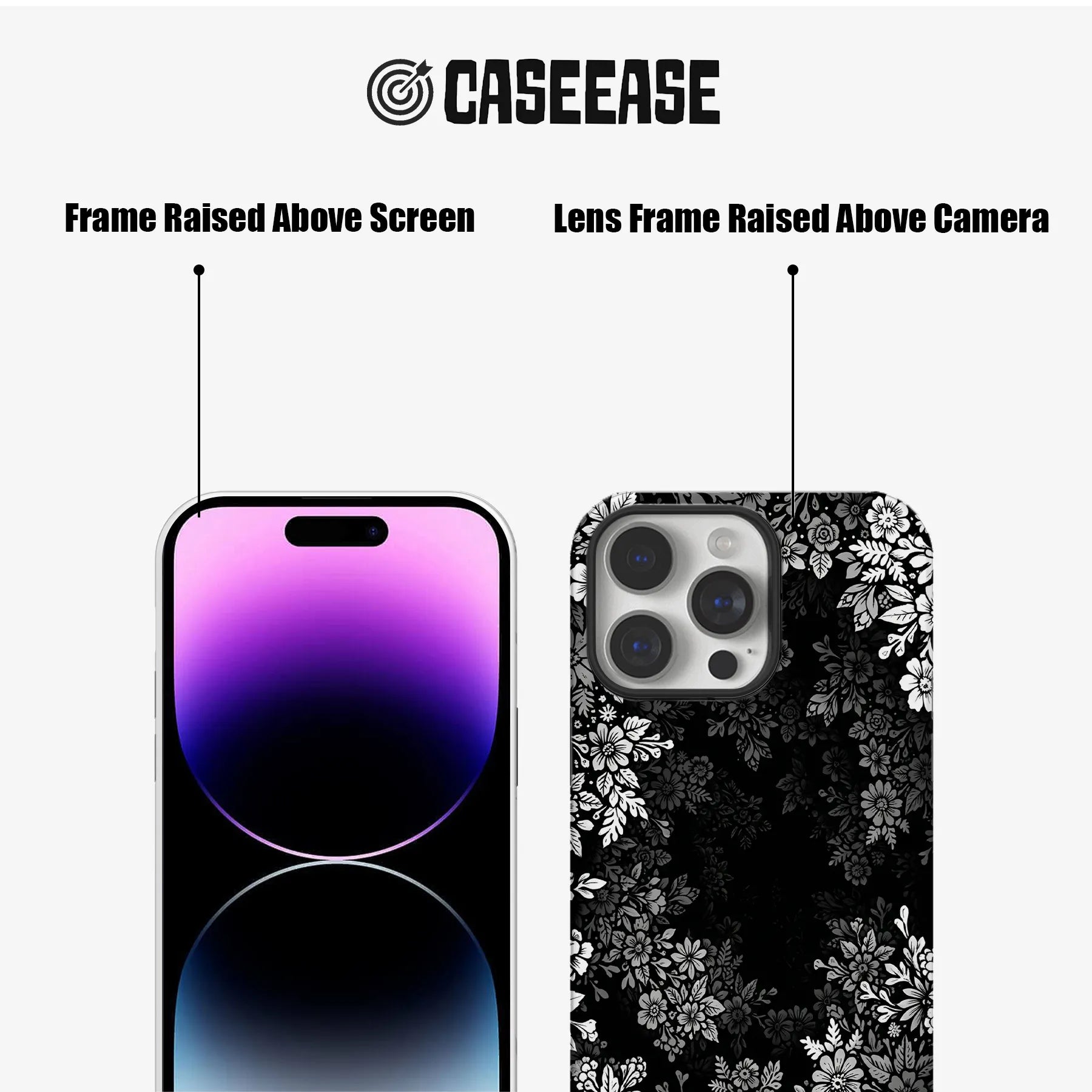 Black floral phone case shown front and back with raised screen and camera frames
