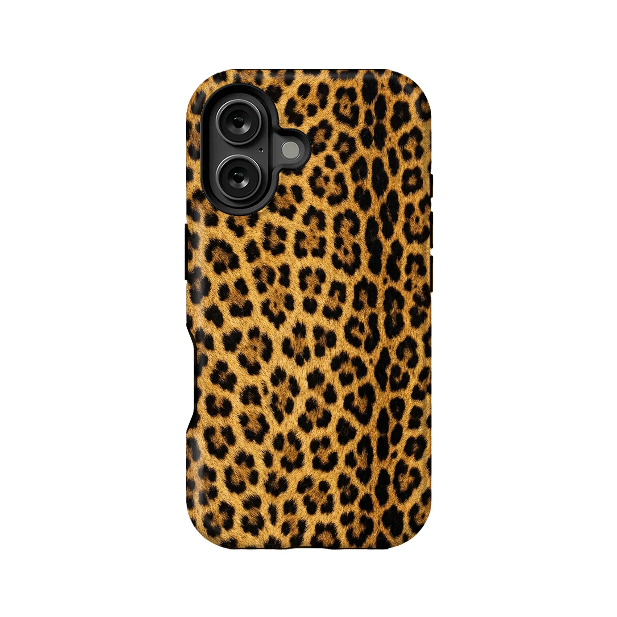 Leopard print phone case in tan and black, rear angle product display
