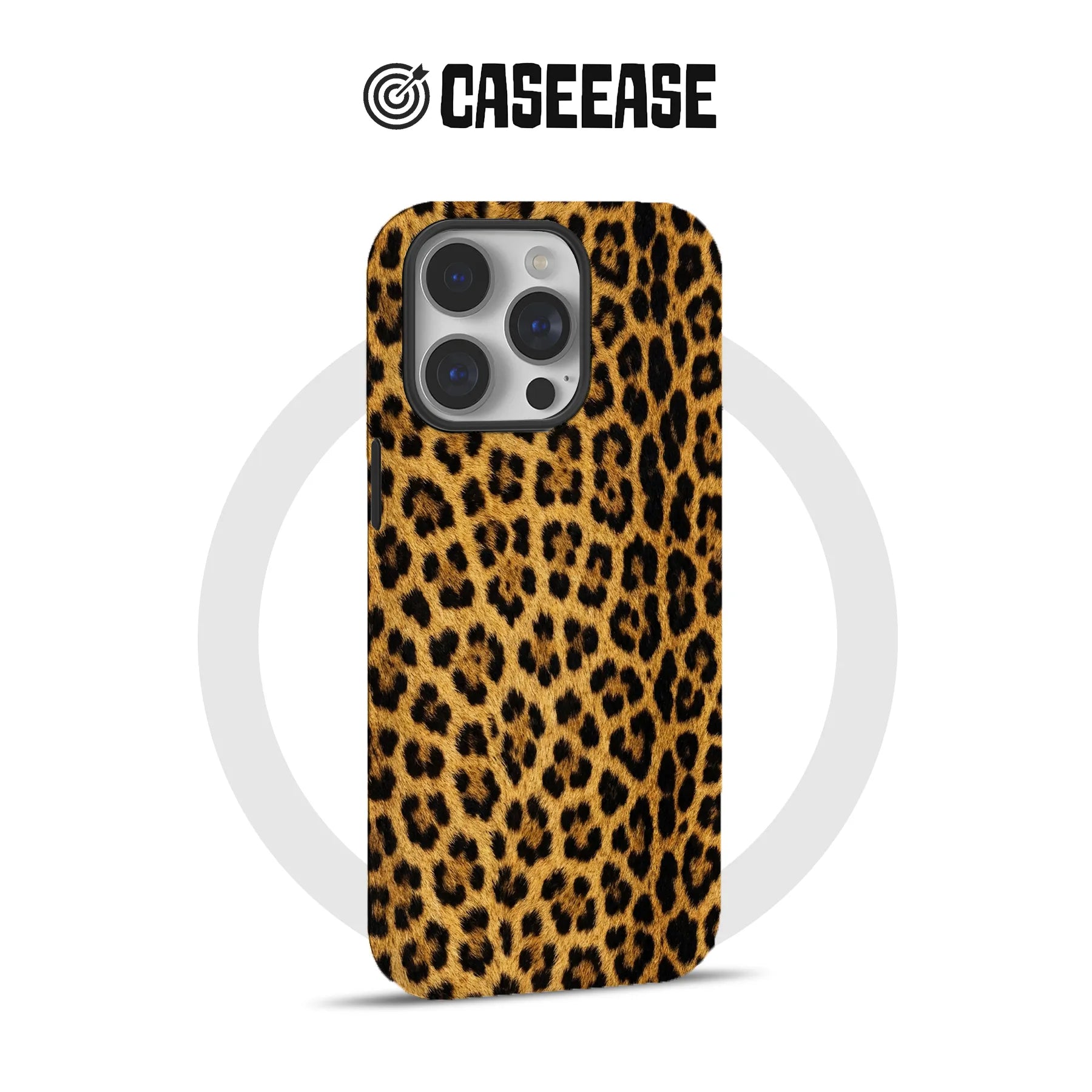 Tan and black leopard print CASEEASE phone case, rear view with camera cutout