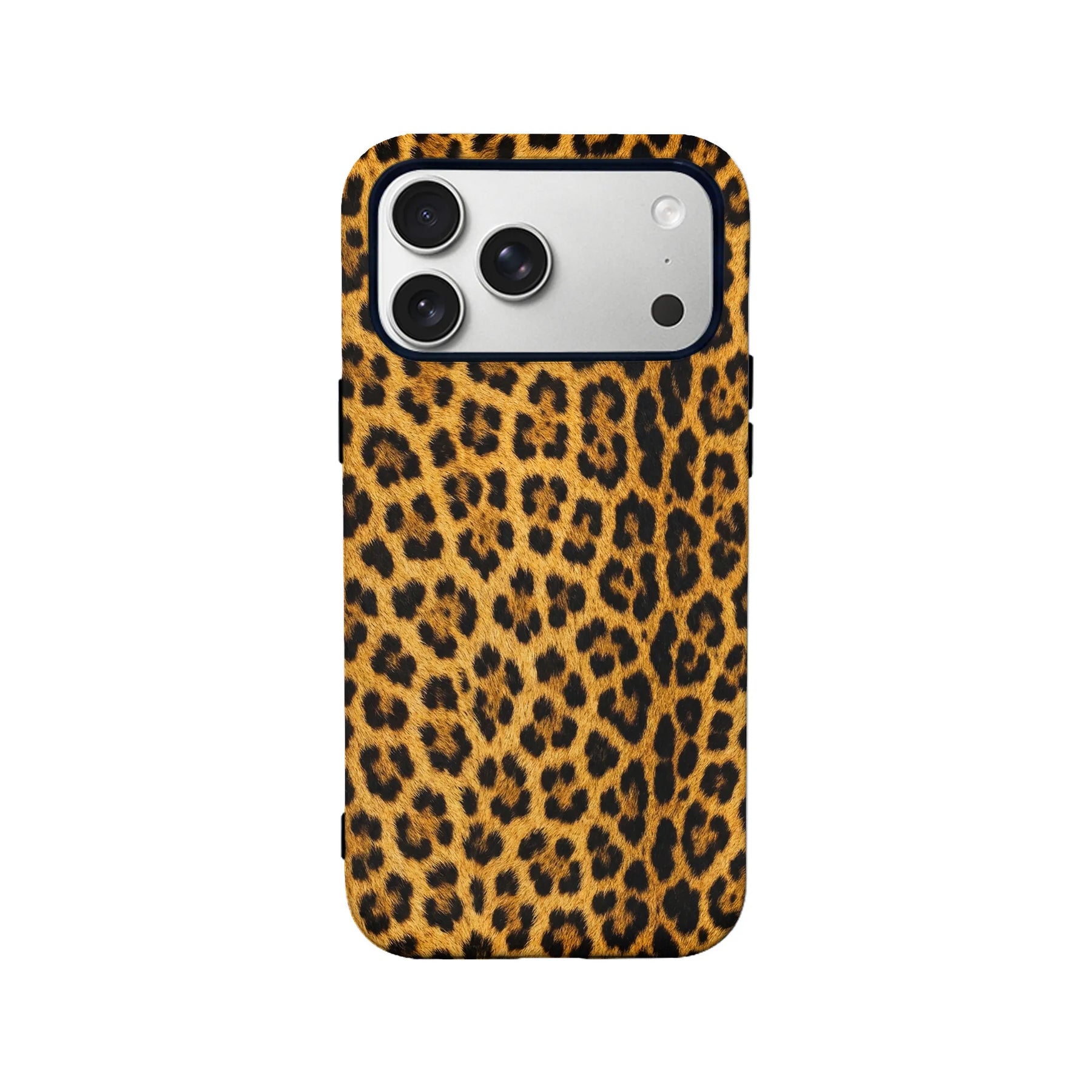 Leopard print phone case in brown and black, rear angle with camera cutout