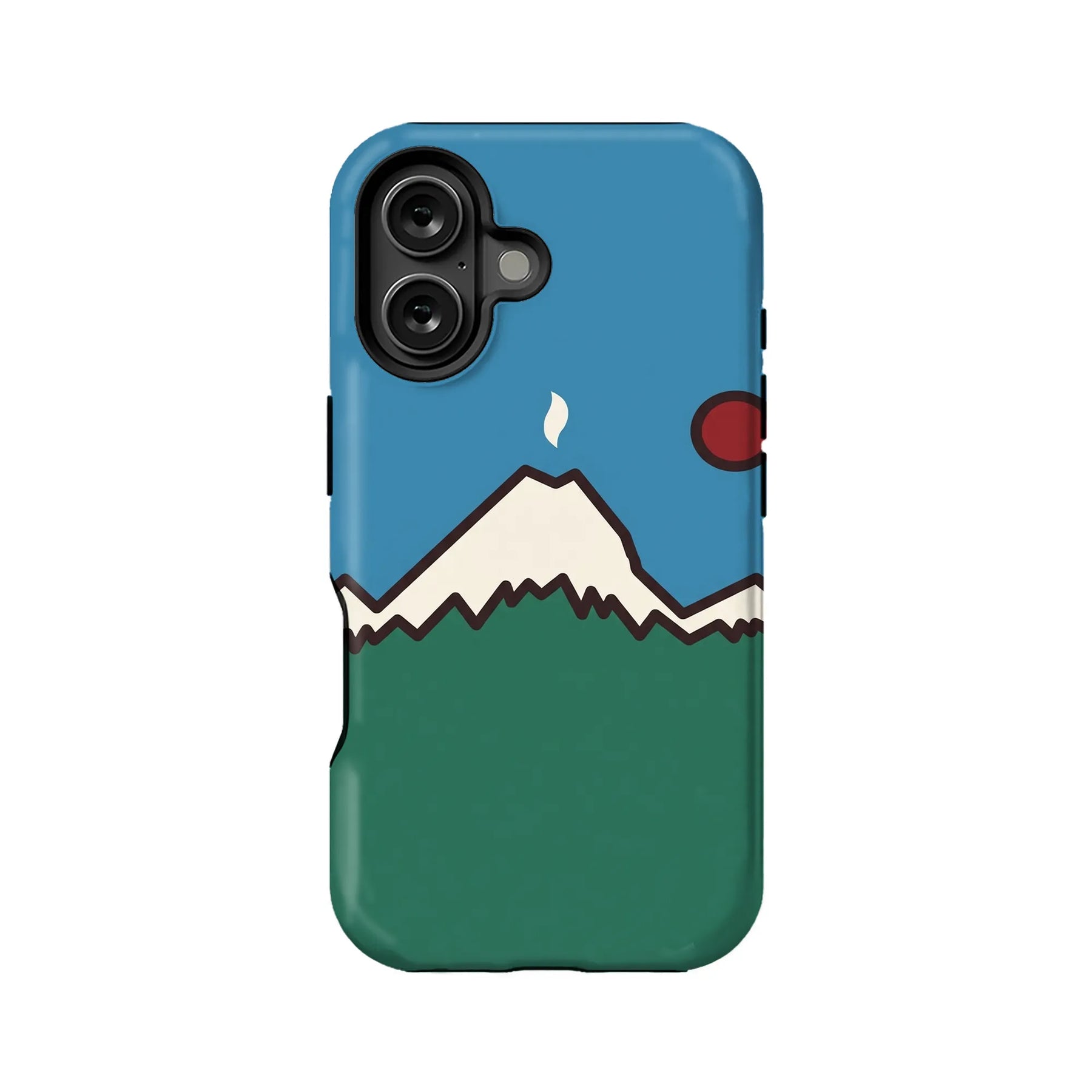 Blue and green mountain landscape phone case, rear view with dual camera cutout