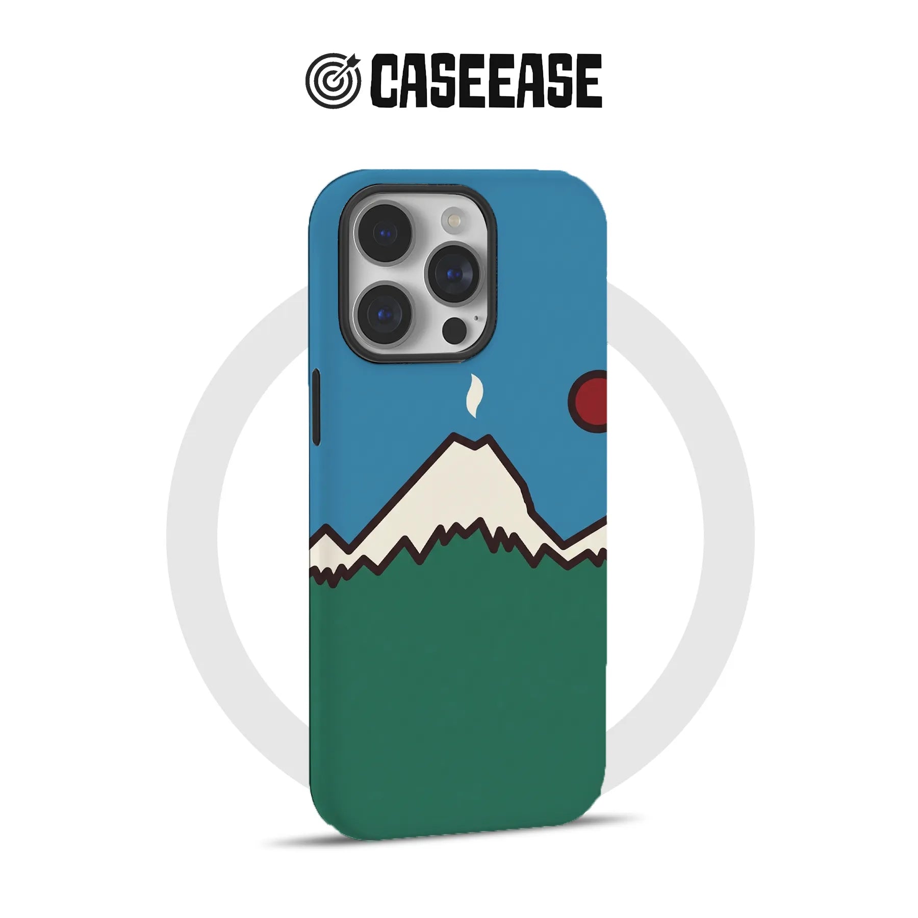 Blue and green mountain landscape phone case, rear angle with camera cutout