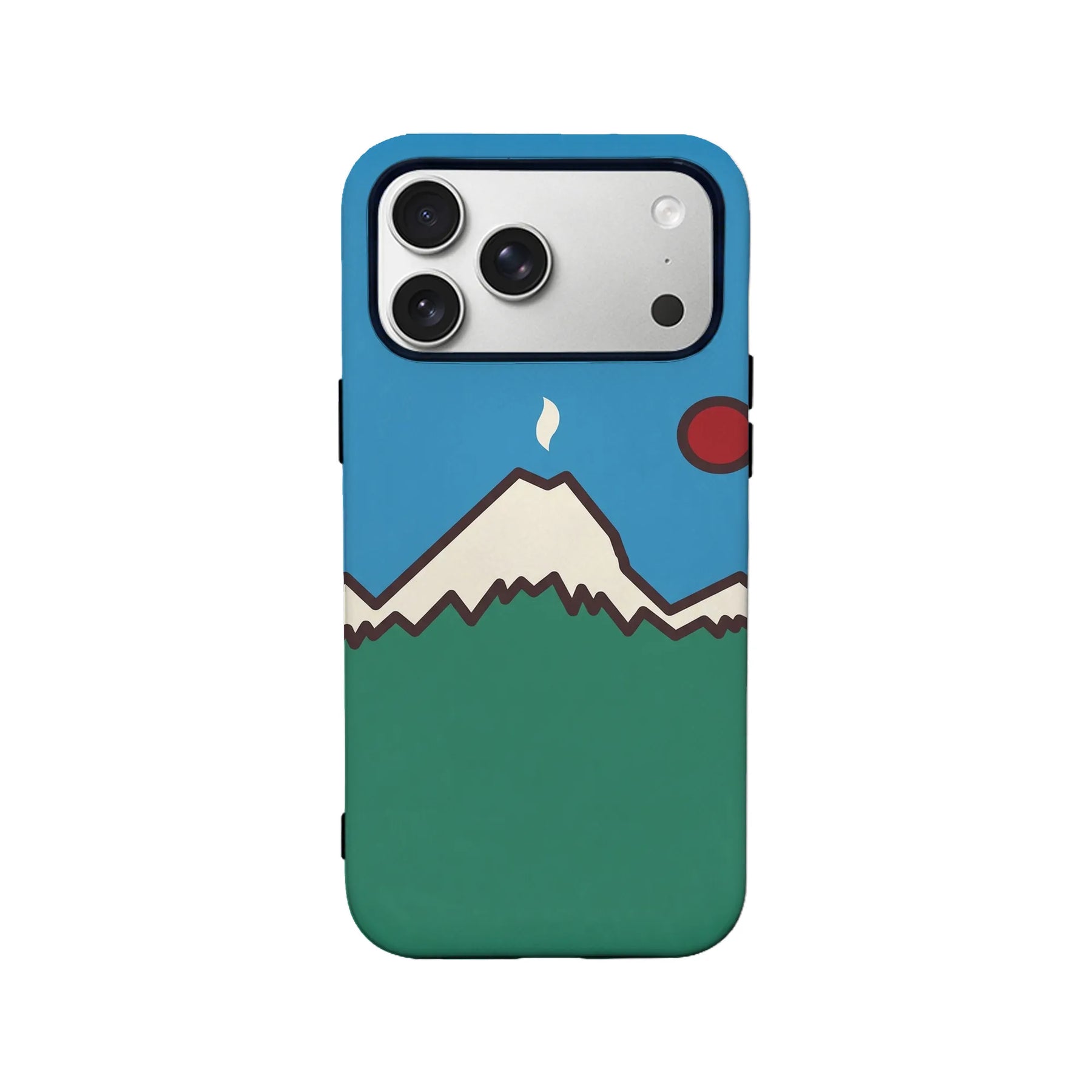 Blue and green mountain landscape phone case shown from back for iPhone camera cutout