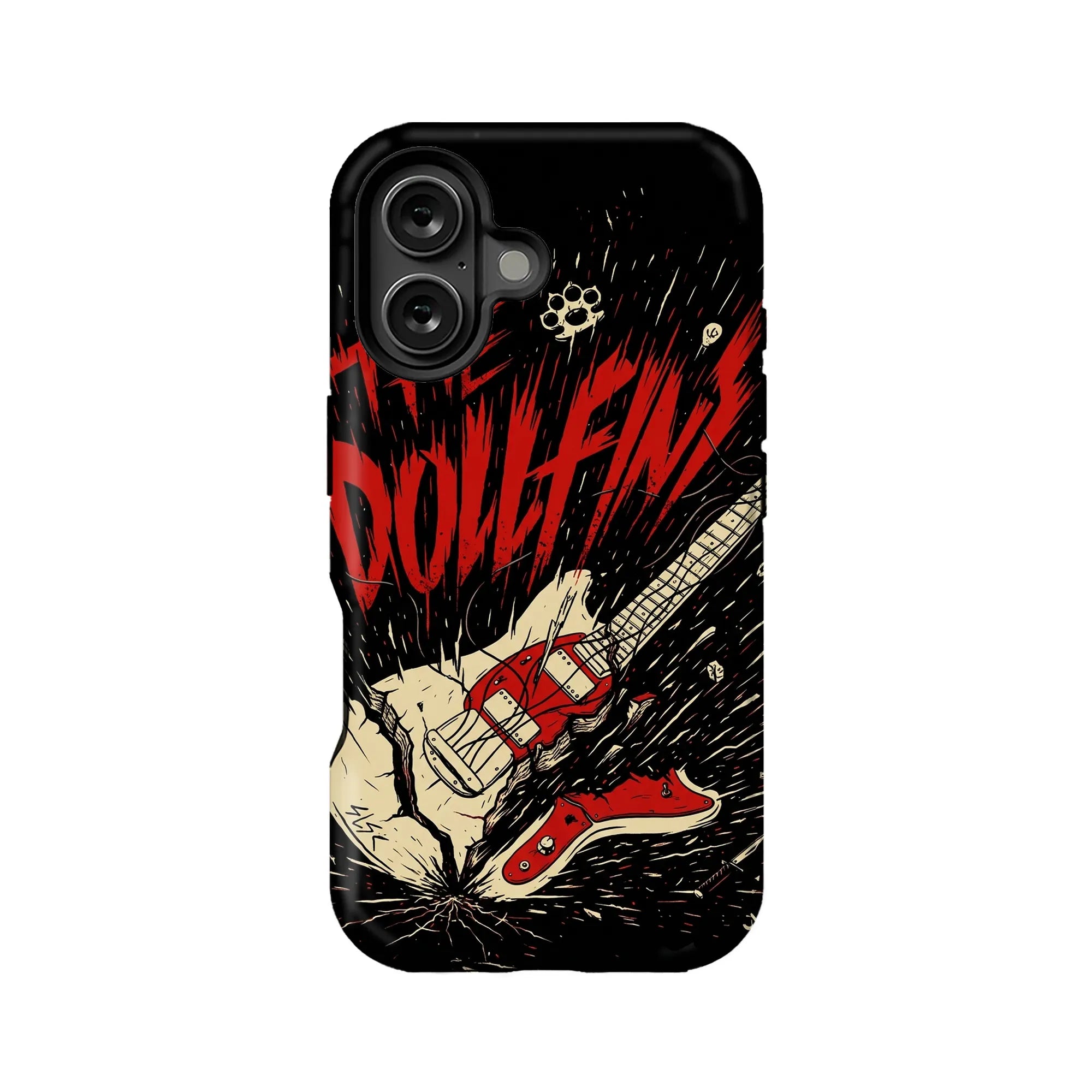 Black plastic phone case back view with red rock guitar comic-style artwork