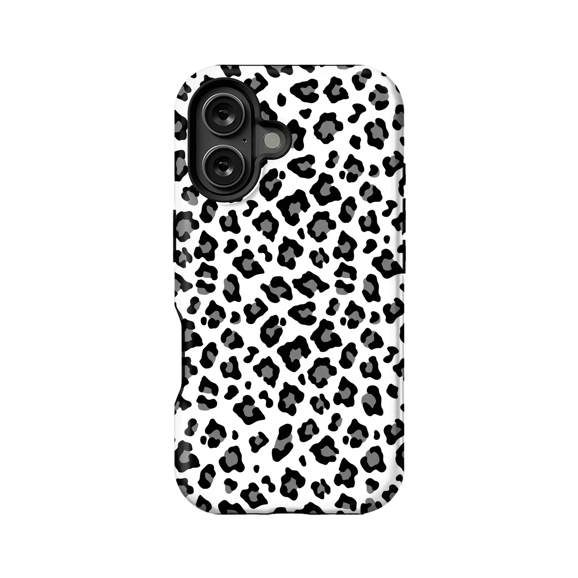 White phone case with black gray leopard print, rear product angle