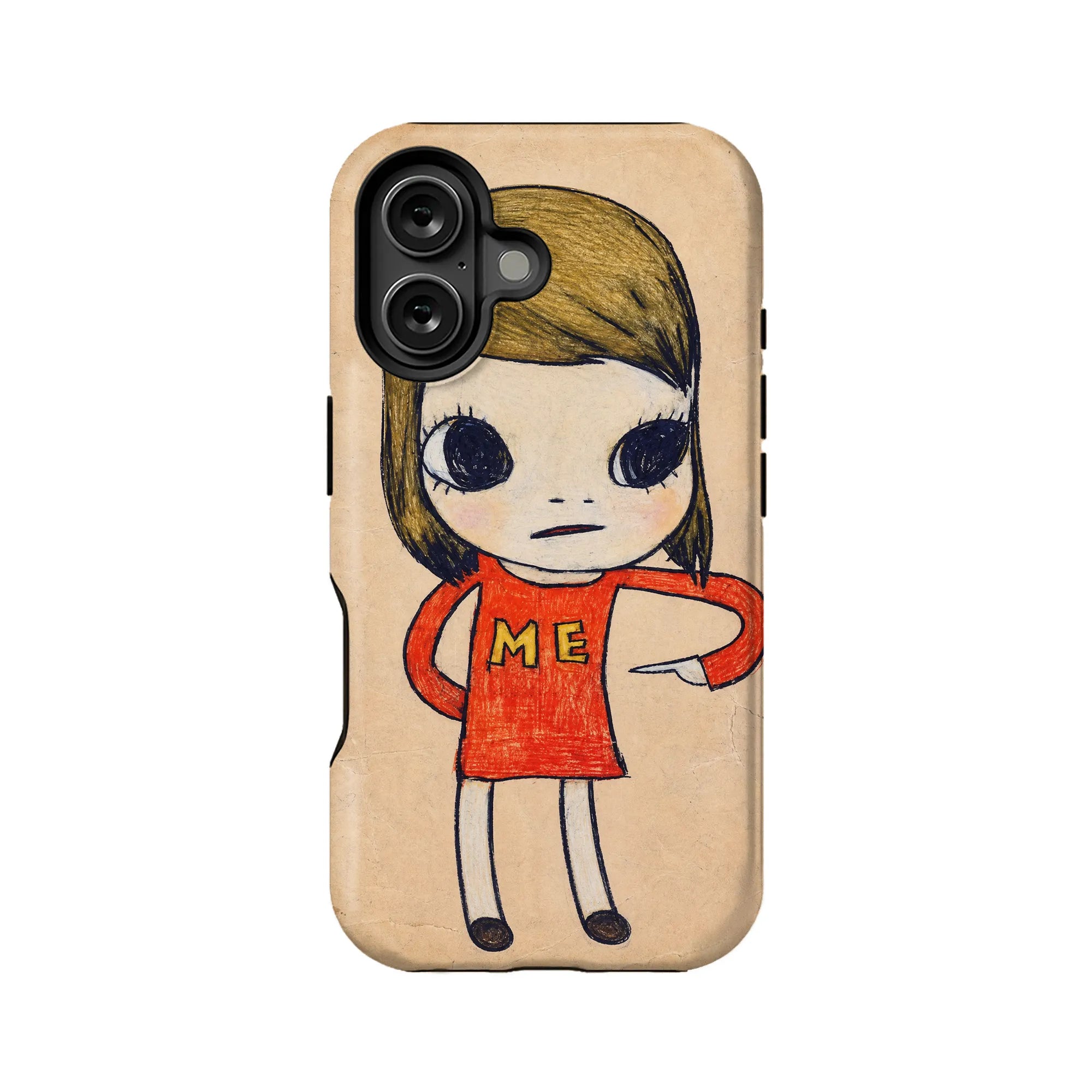 Beige phone case with hand-drawn girl in red dress, rear product view