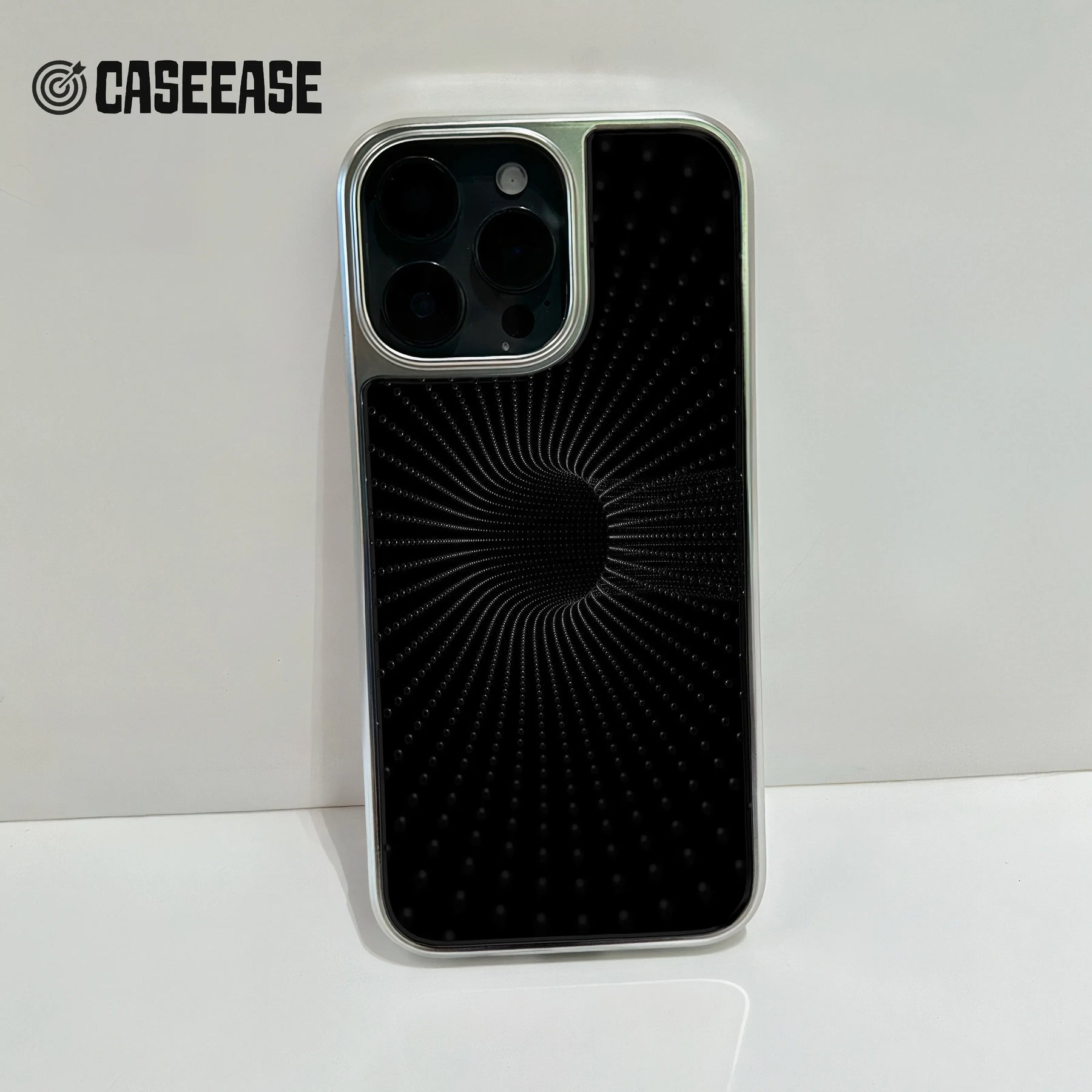 Holographic Chrome Phone Case for iPhone 15 Pro - Black Spiral Design