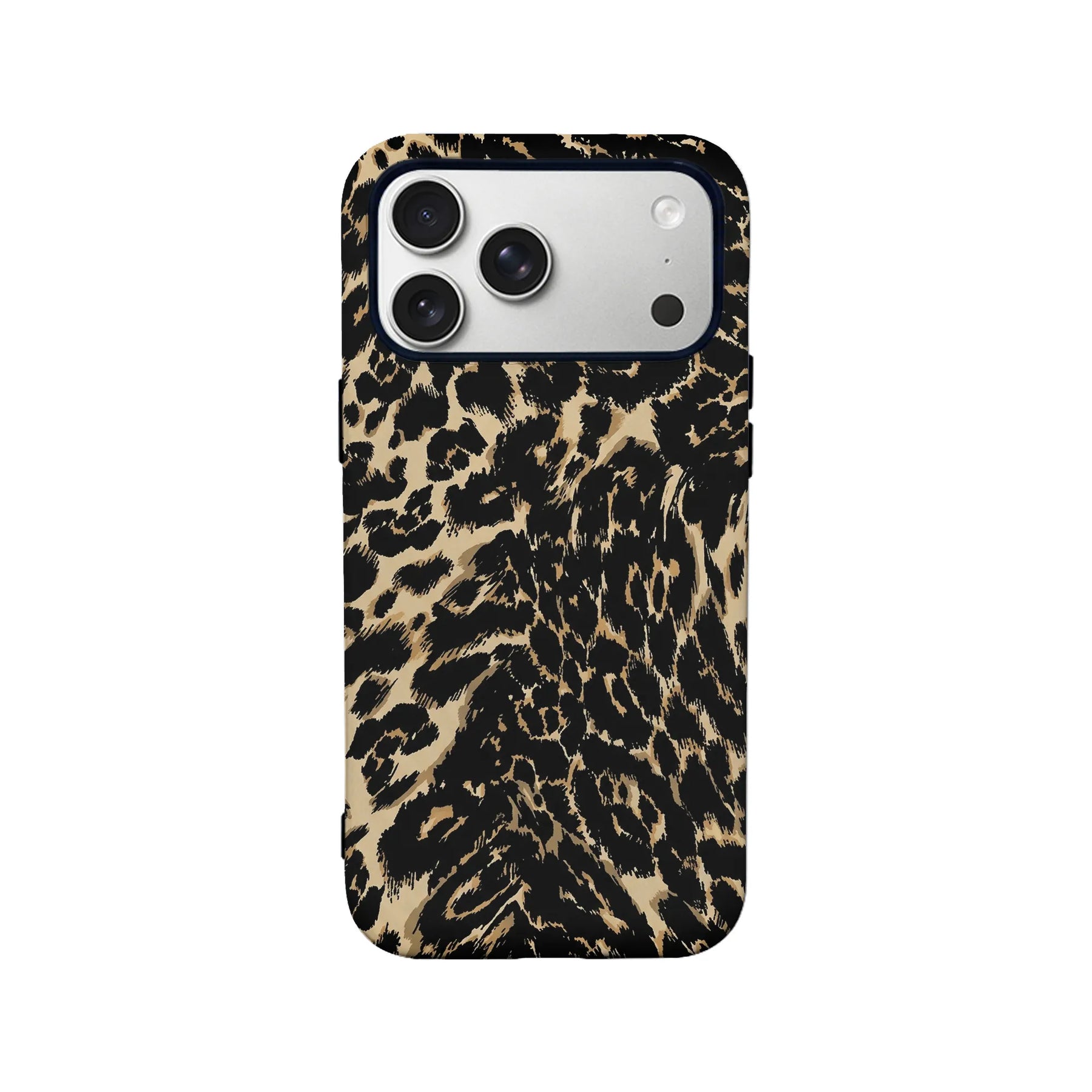 Black and tan leopard print phone case shown from rear angle for Shopify store