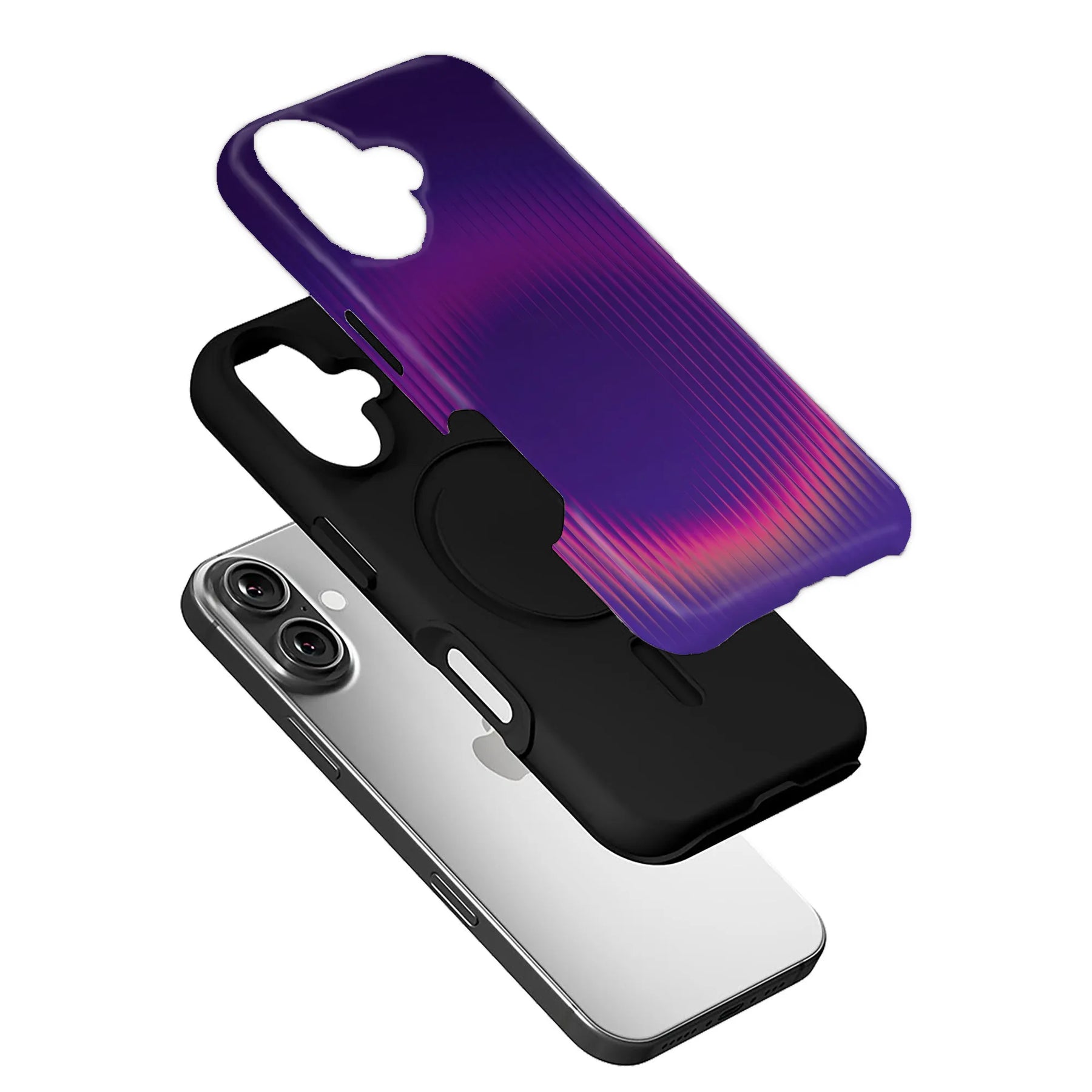 Purple ribbed sliding phone case with black inner layer shown above smartphone