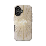 Translucent beige phone case with gold radiant dove design, rear product view