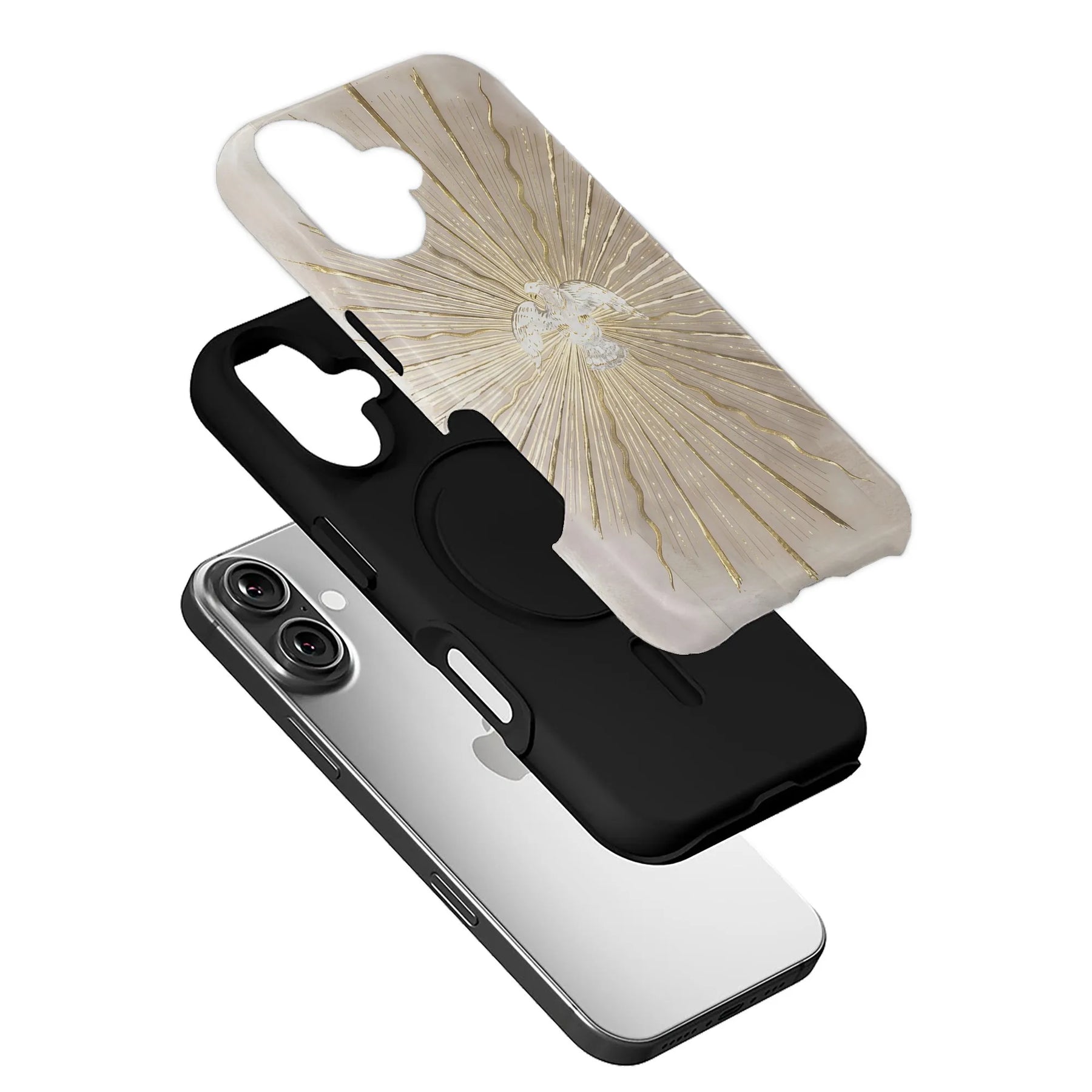 Angled exploded black phone case with translucent gold sunburst top shell