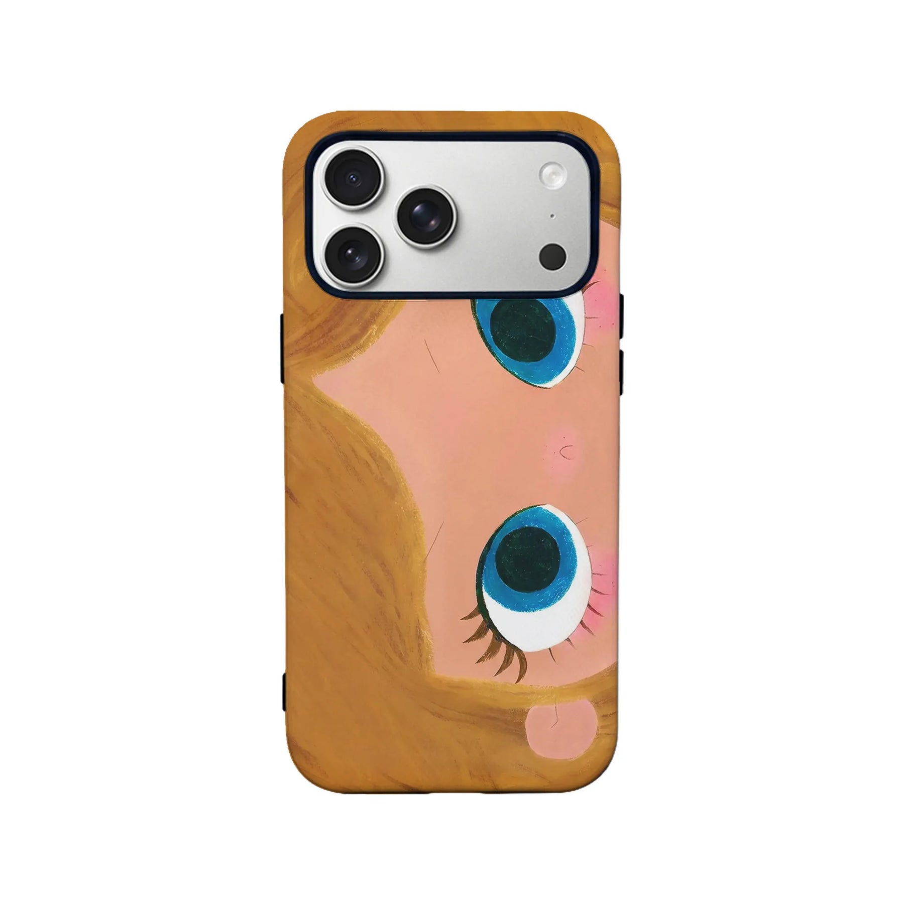 Rear view of peach and brown cartoon face smartphone case with blue eyes