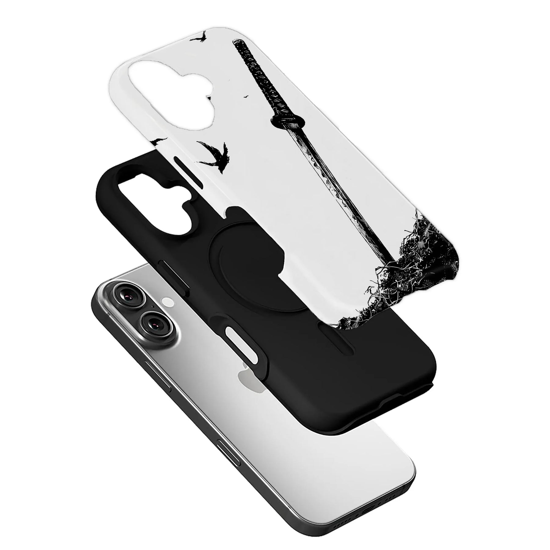 White top and black inner phone case with katana artwork, angled above smartphone
