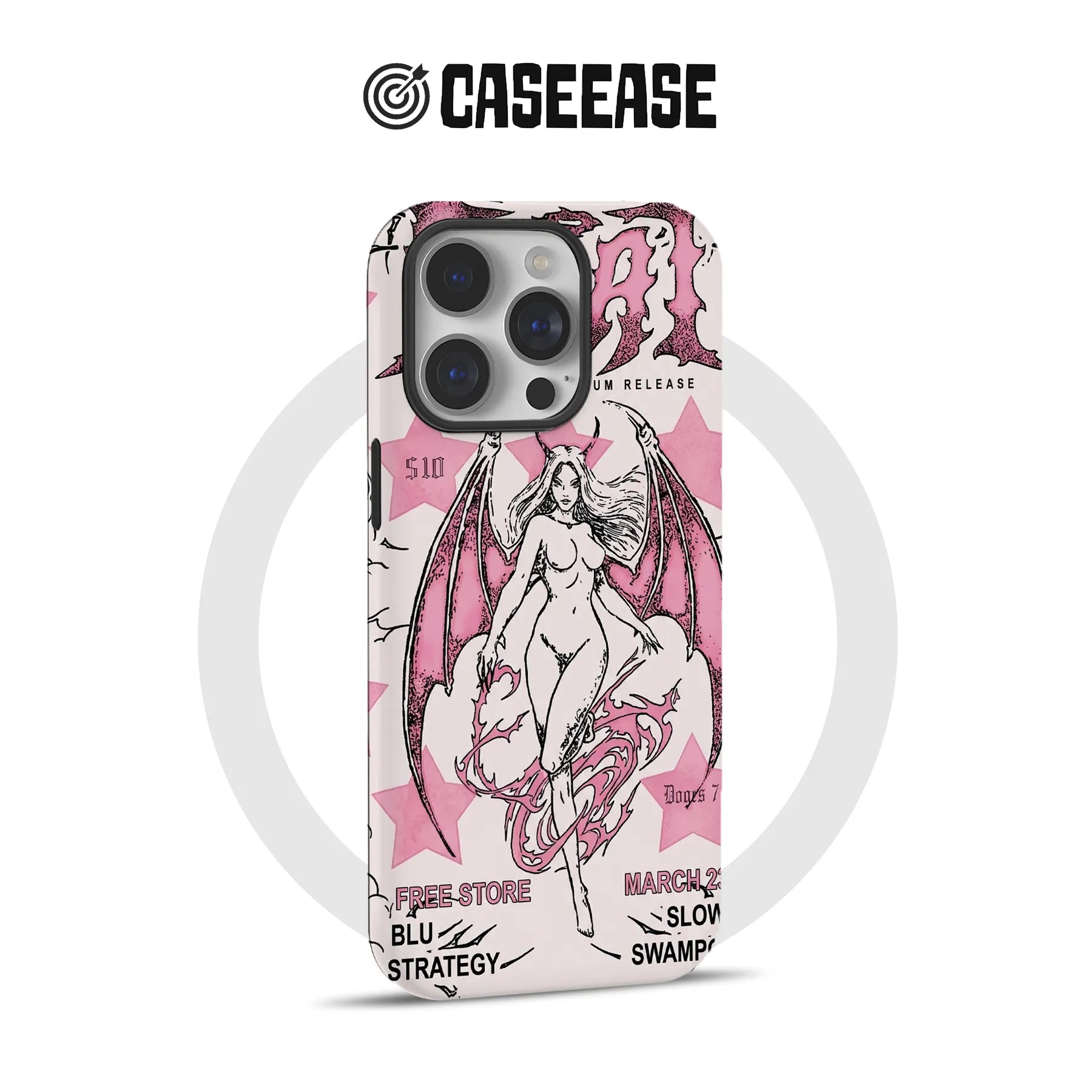 Pink gothic demon illustration iPhone case, rear angle with triple camera cutout