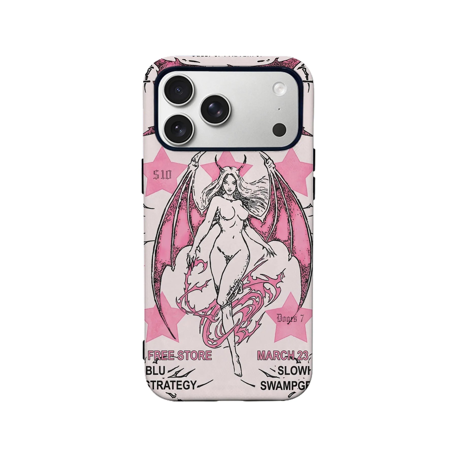 Pale pink gothic phone case with black winged woman illustration, rear view