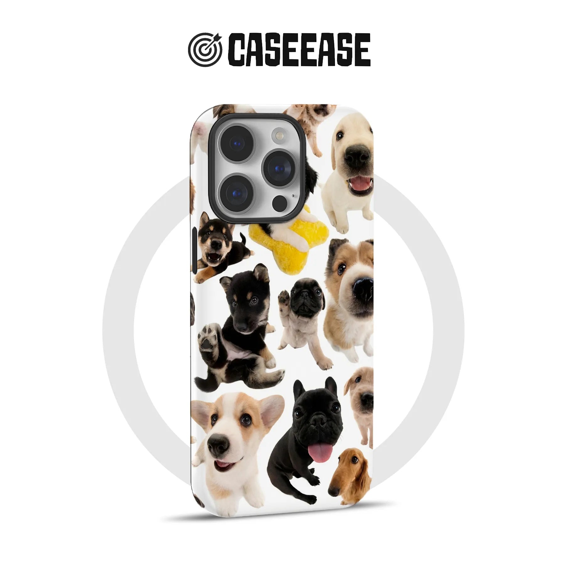 White CASEEASE plastic phone case with puppy collage design, rear angled product display