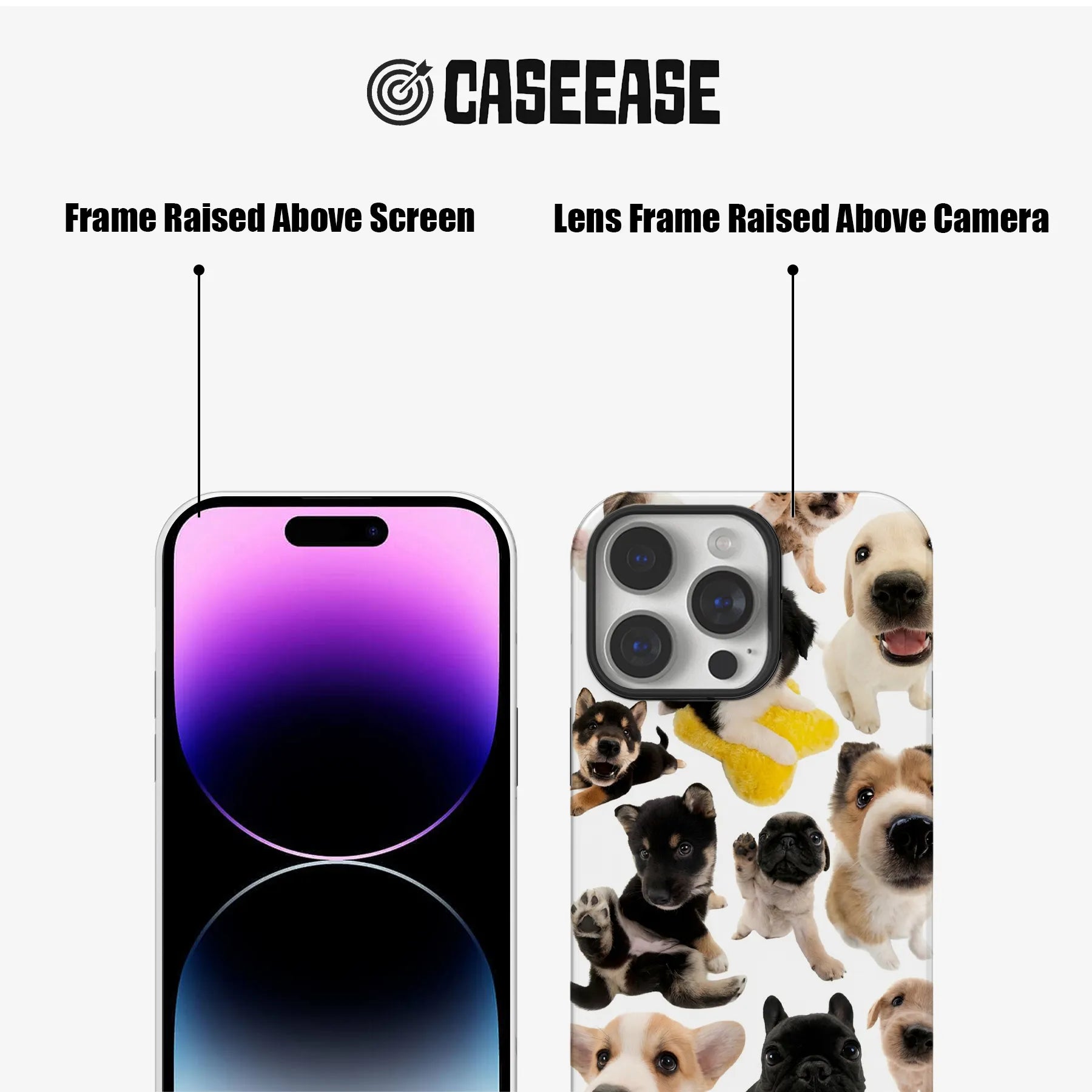 White puppy print phone case front and back with black raised screen and camera frames