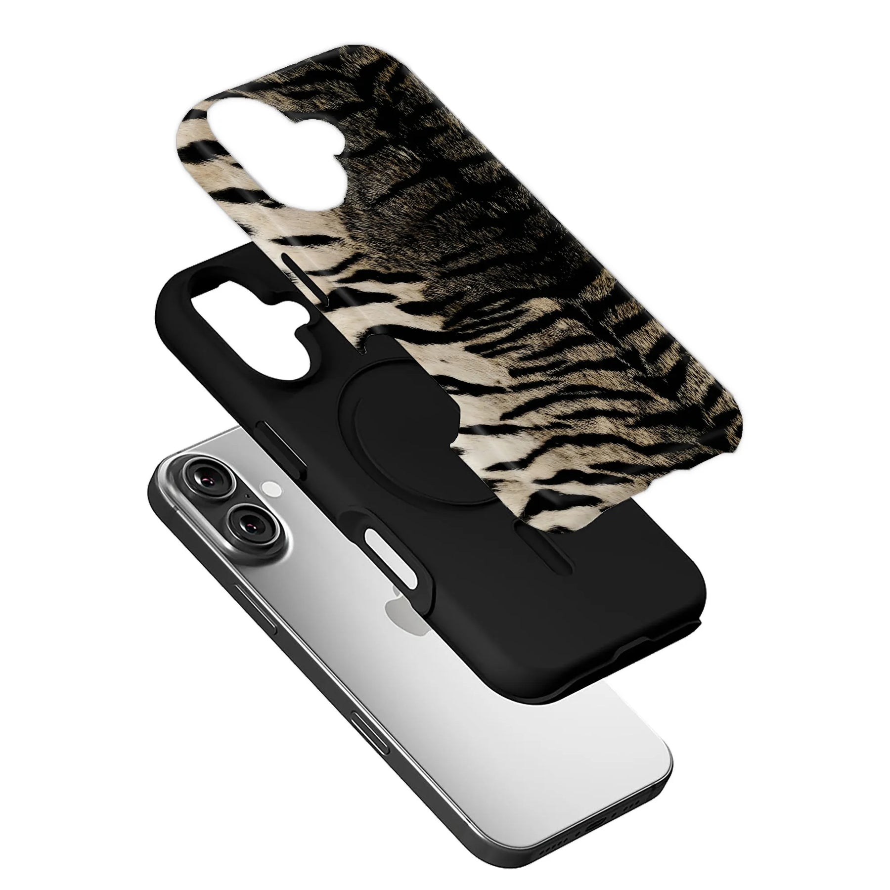 Black and zebra print sliding phone case shown angled above silver smartphone