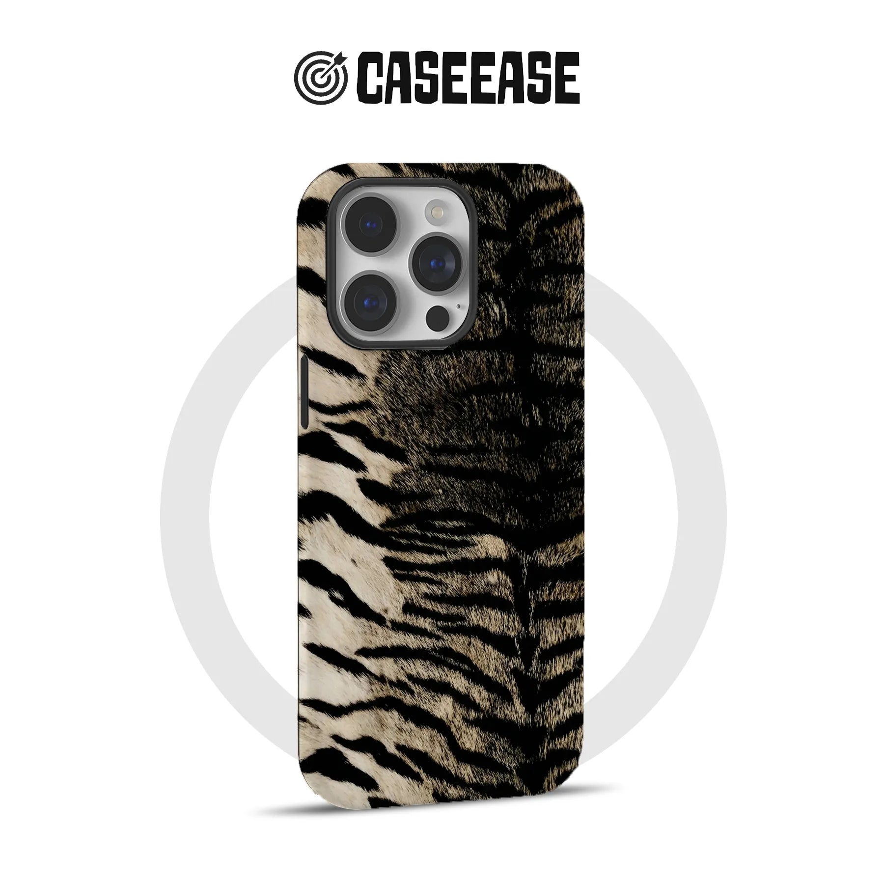 Black and beige tiger stripe phone case, rear product angle with camera cutout