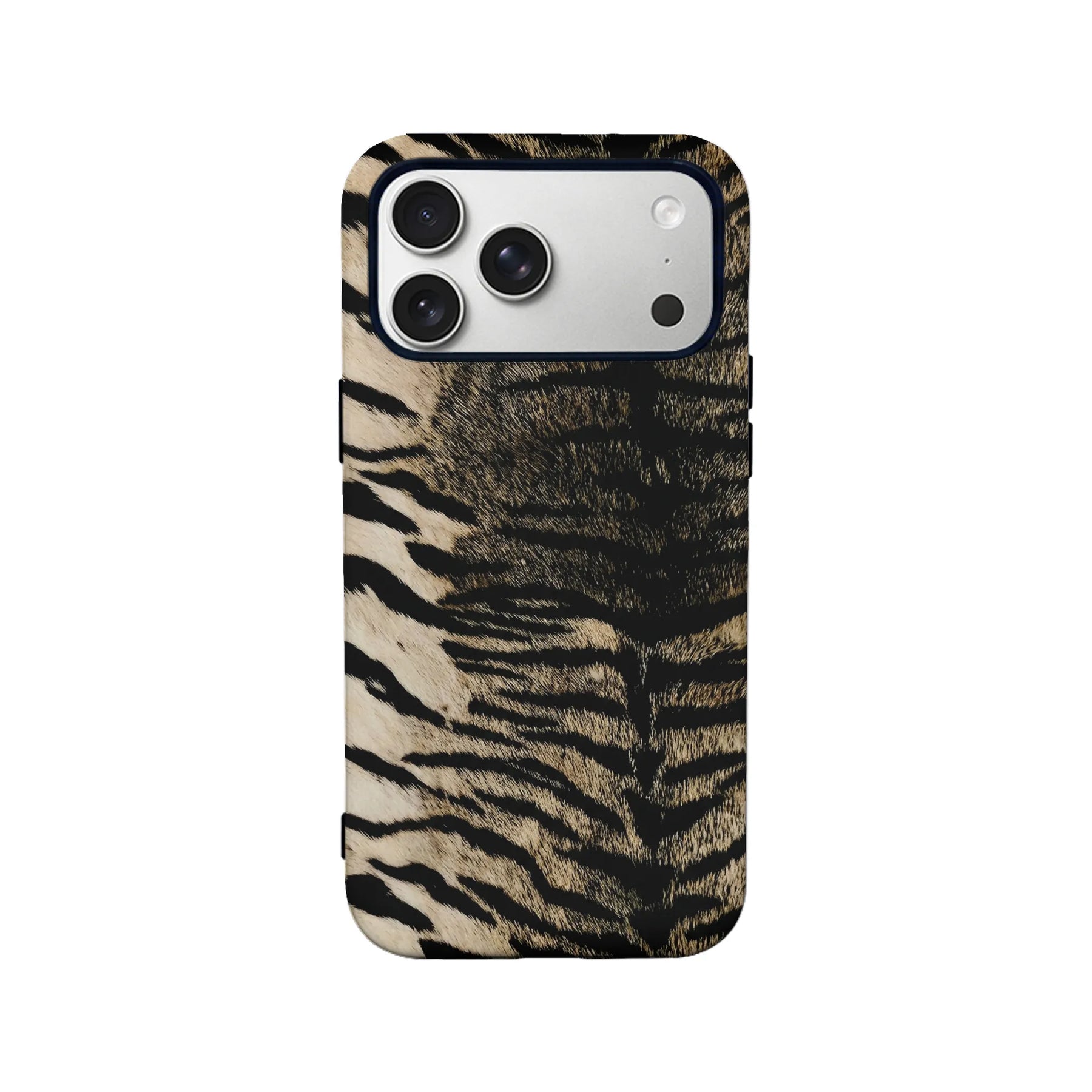 Tan and black tiger stripe phone case, rear angle with camera cutout