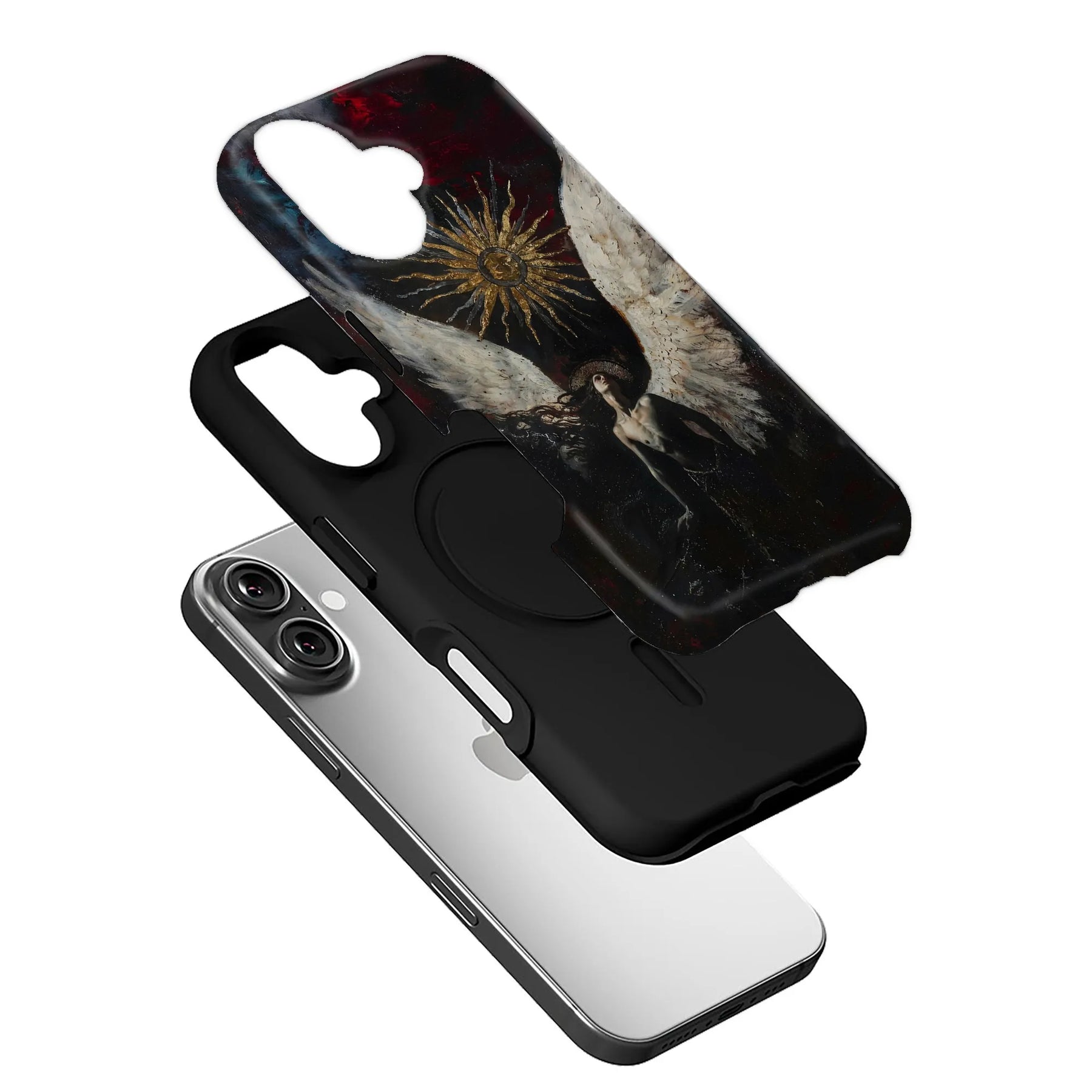 Black smartphone case with dark angel wing artwork, angled above phone