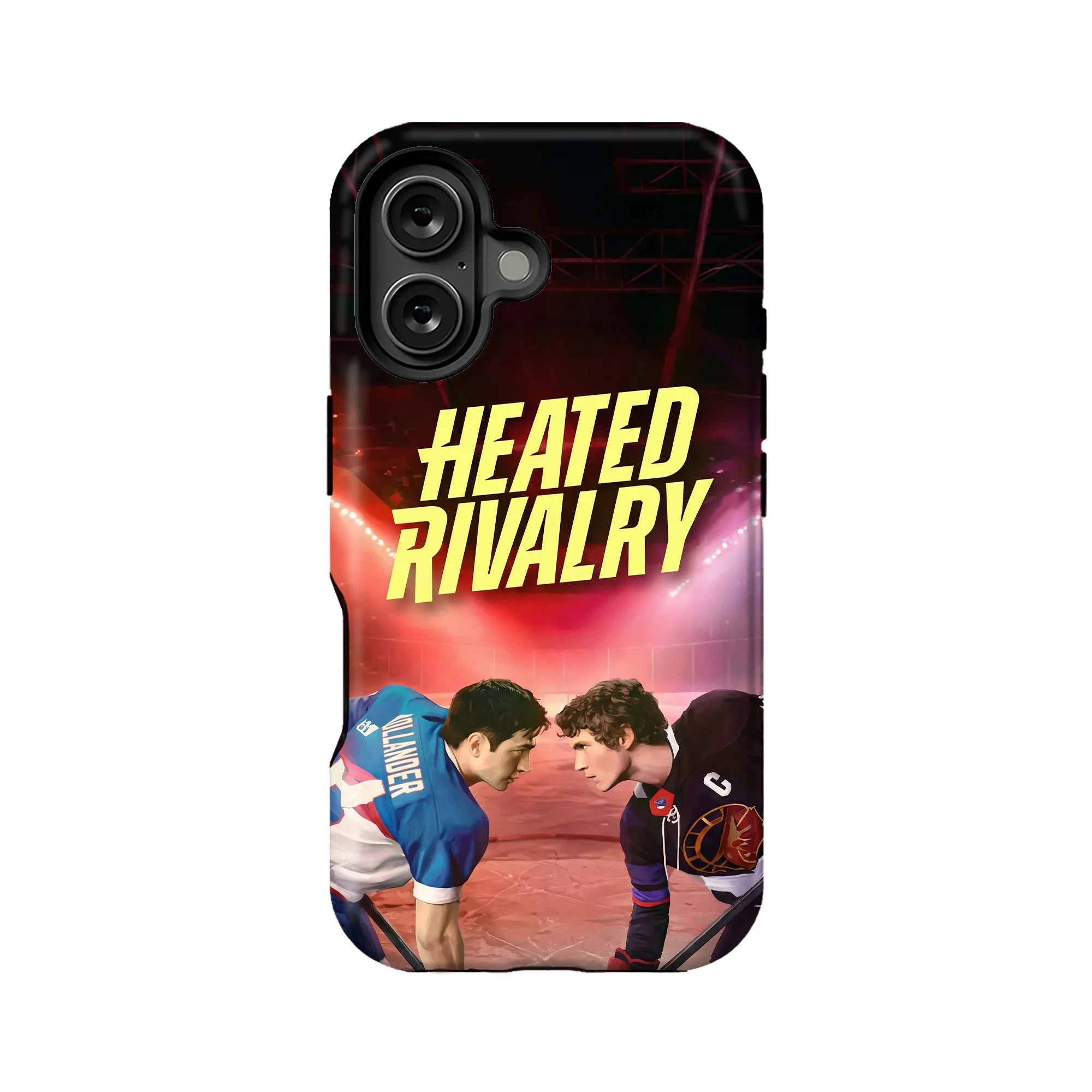 Black phone case with red illustrated hockey Heated Rivalry artwork, rear product view