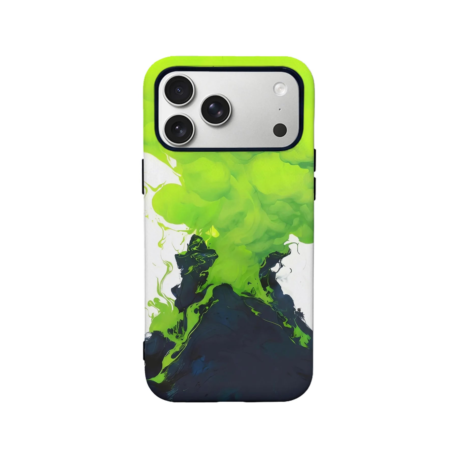 Green and black smoke-style iPhone case shown from rear for product listing